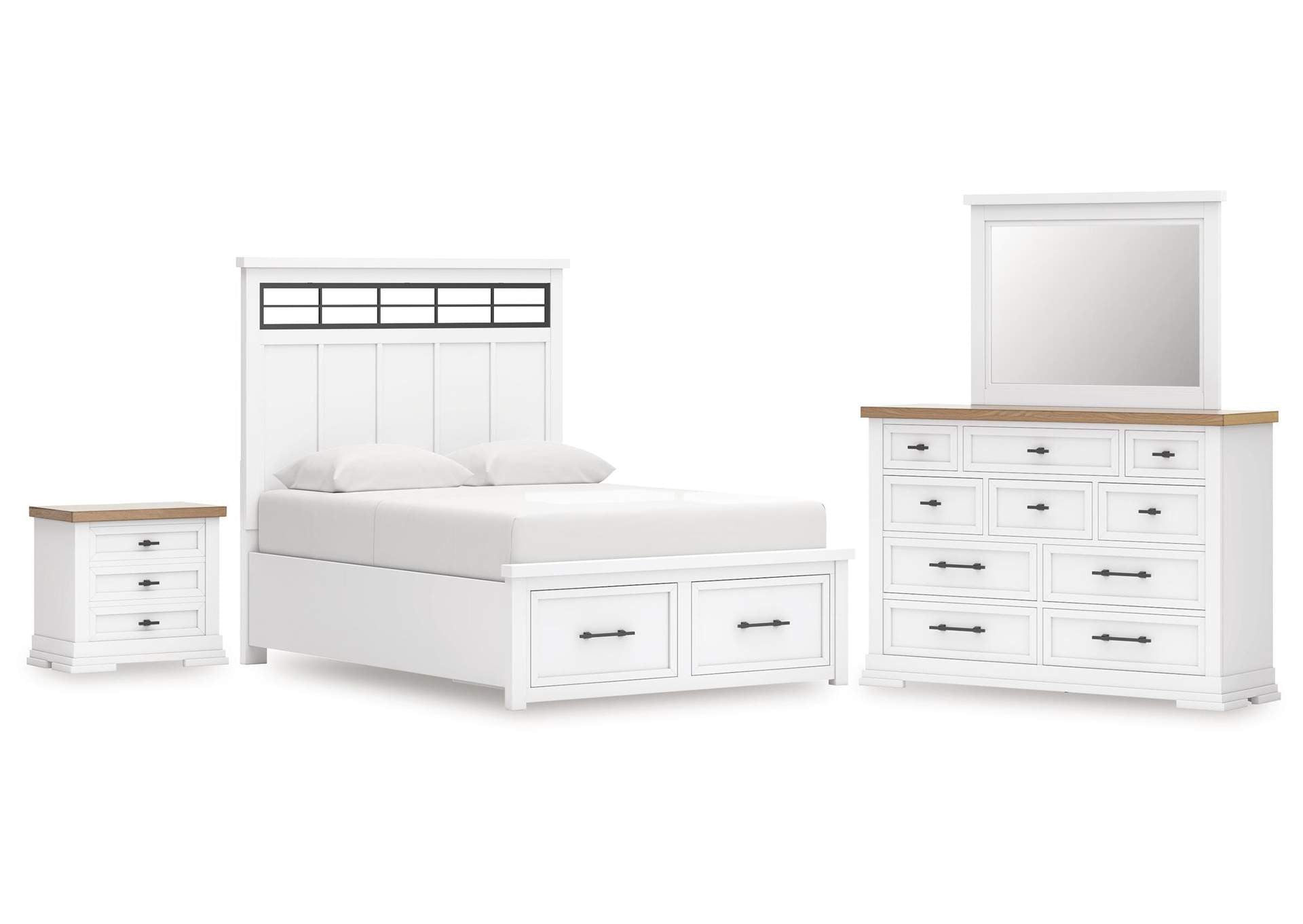 Ashbryn Queen Panel Storage Bed, Dresser, Mirror and Nightstand