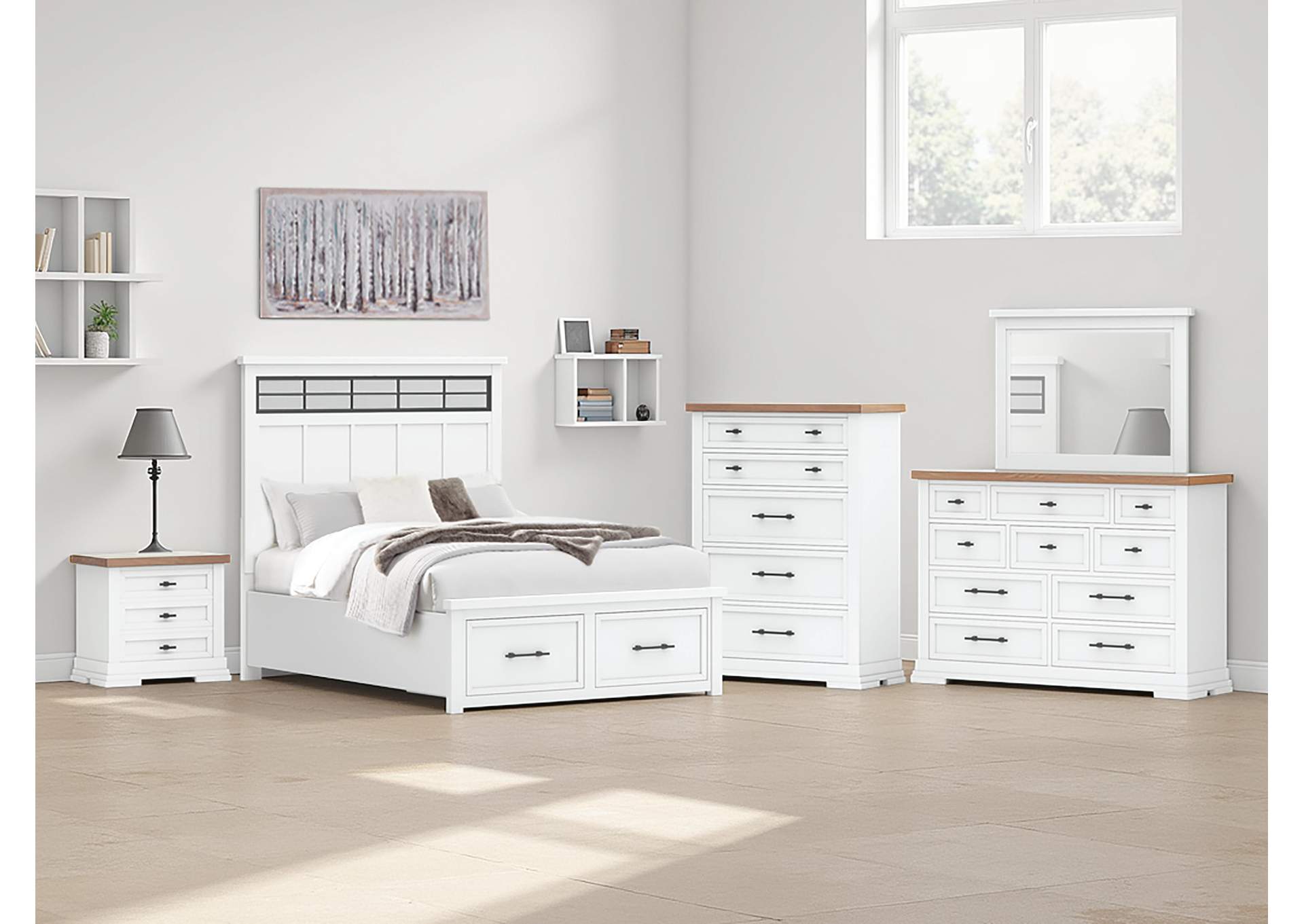 Ashbryn Queen Panel Storage Bed, Dresser, Mirror, Chest and Nightstand