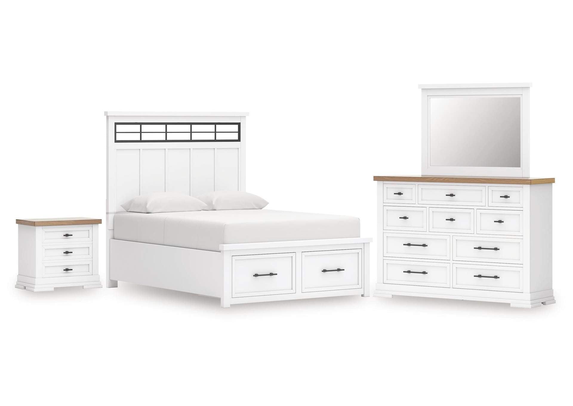 Ashbryn King Panel Storage Bed, Dresser, Mirror and Nightstand