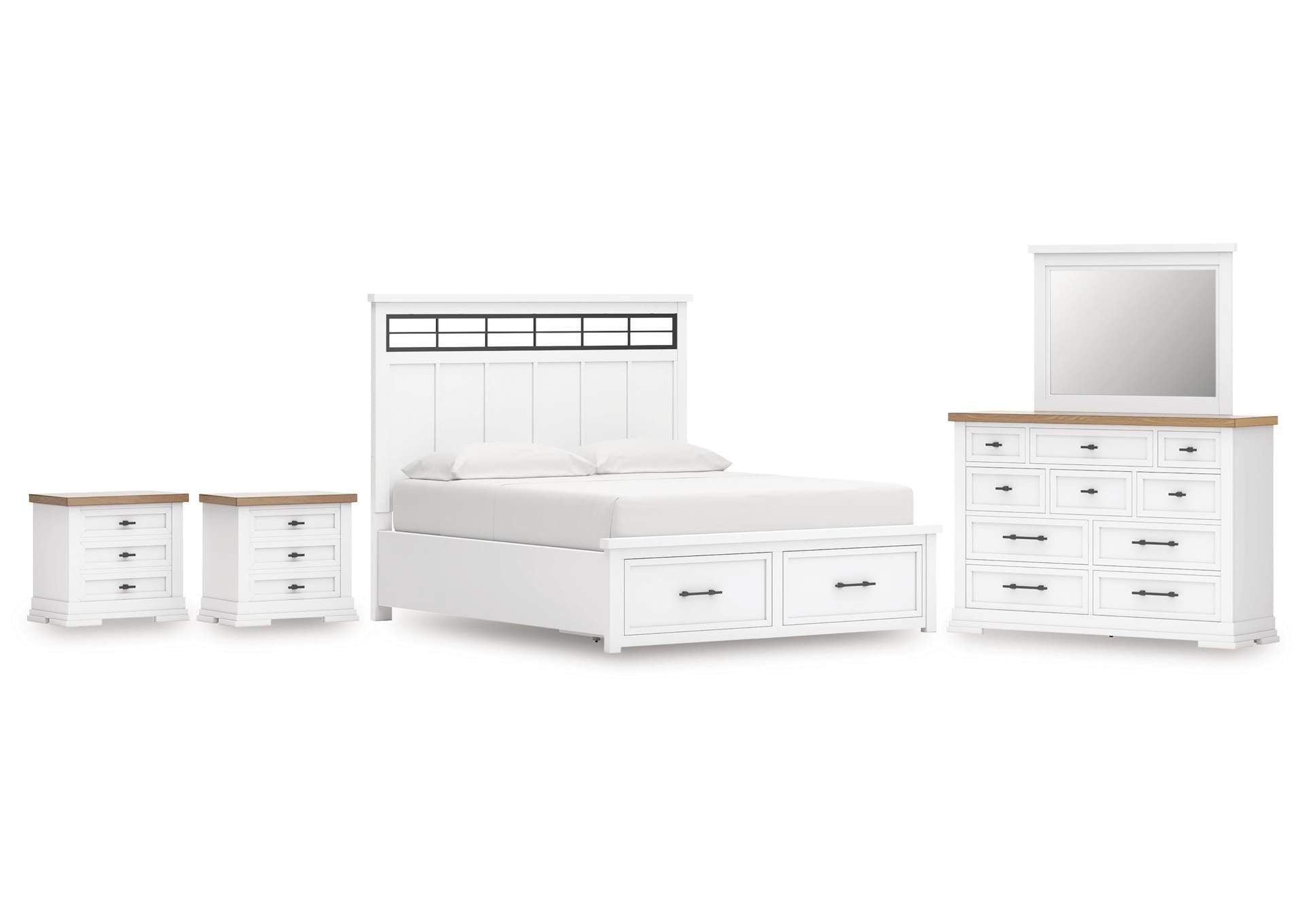 Ashbryn California King Panel Storage Bed, Dresser, Mirror and 2 Nightstands