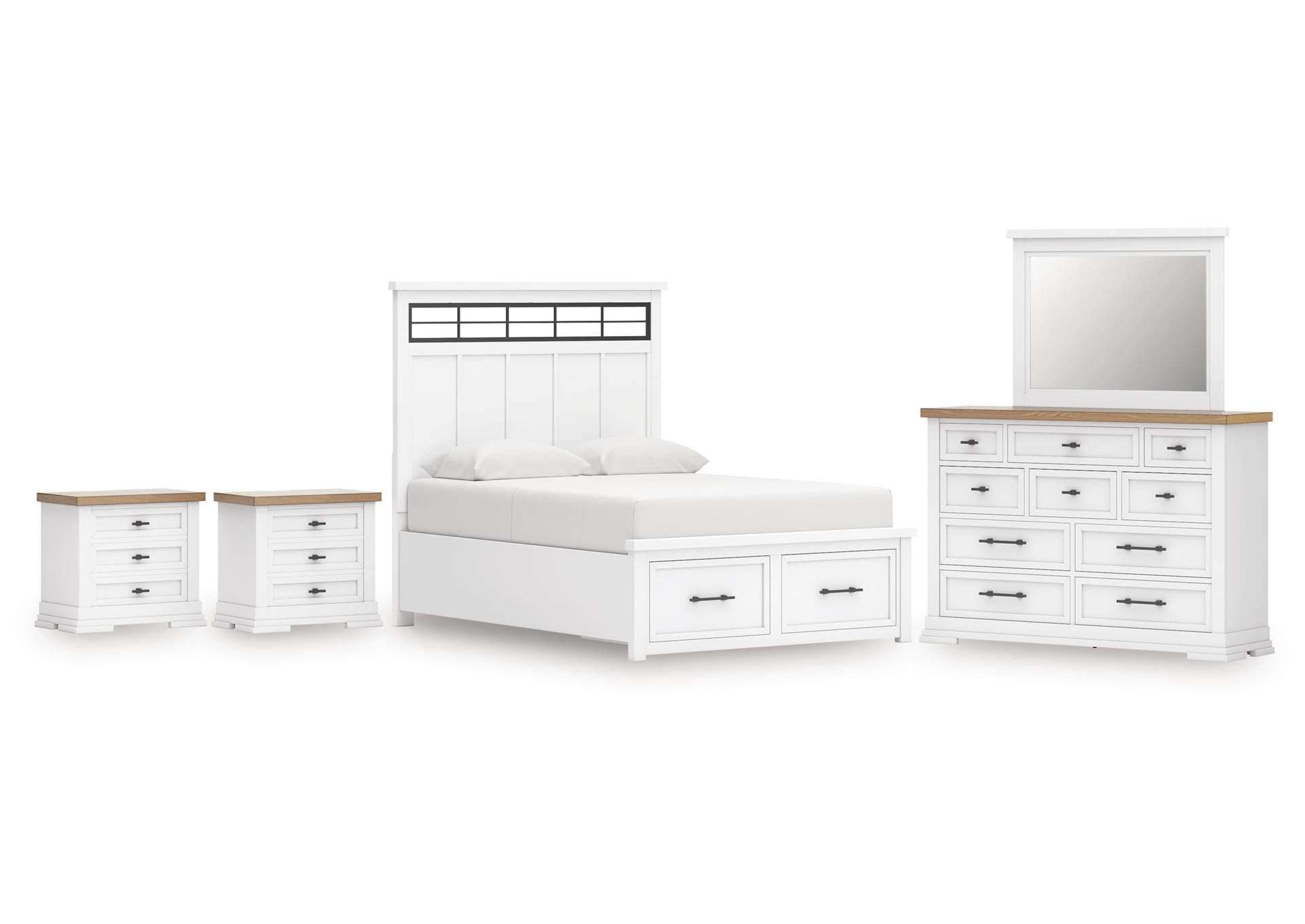Ashbryn King Panel Storage Bed, Dresser, Mirror and 2 Nightstands