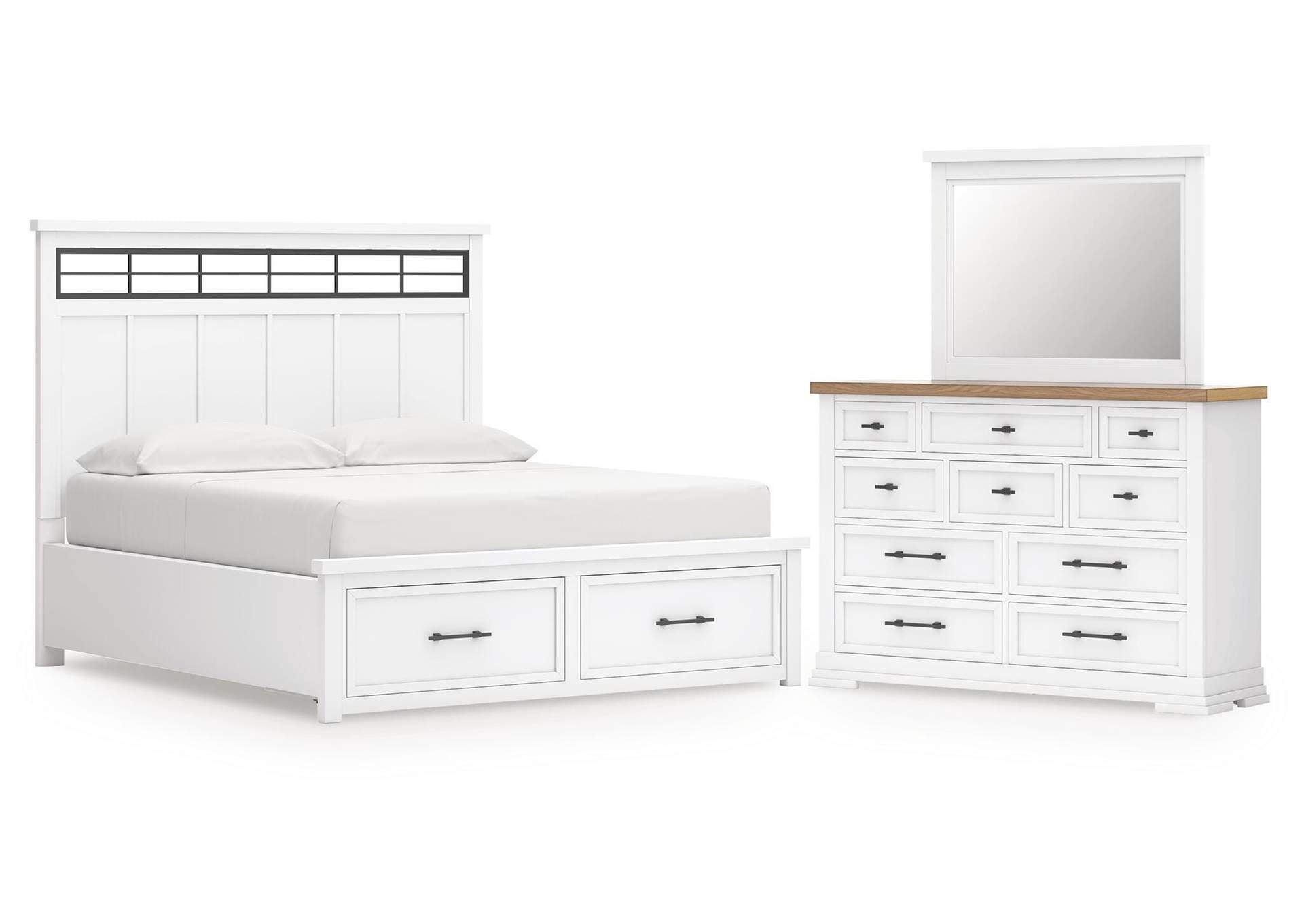 Ashbryn California King Panel Storage Bed, Dresser and Mirror