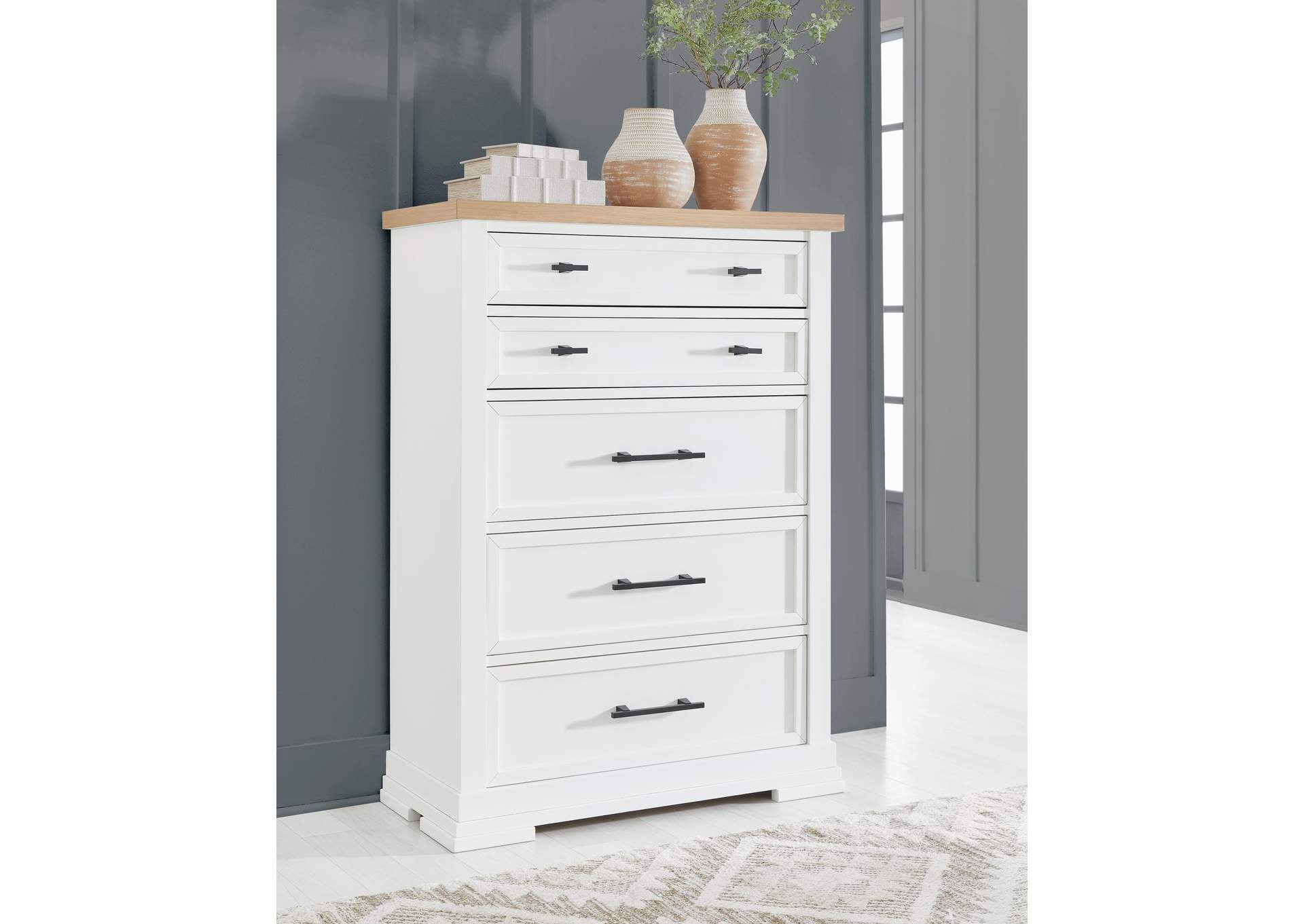 Ashbryn California King Panel Storage Bed, Dresser, Mirror and Chest