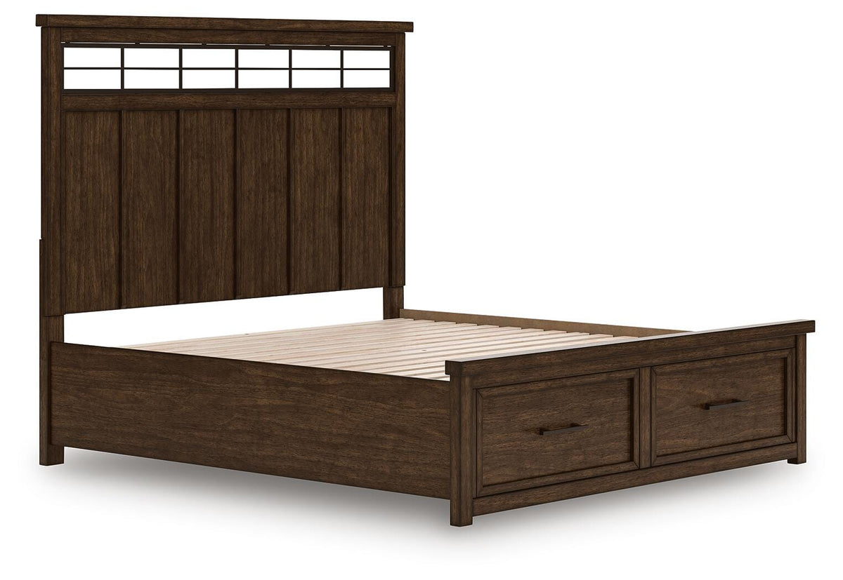 Taffenbrook King Panel Storage Bed in Medium Brown, angle view