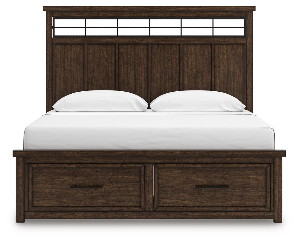 Taffenbrook King Panel Storage Bed in Medium Brown, front view