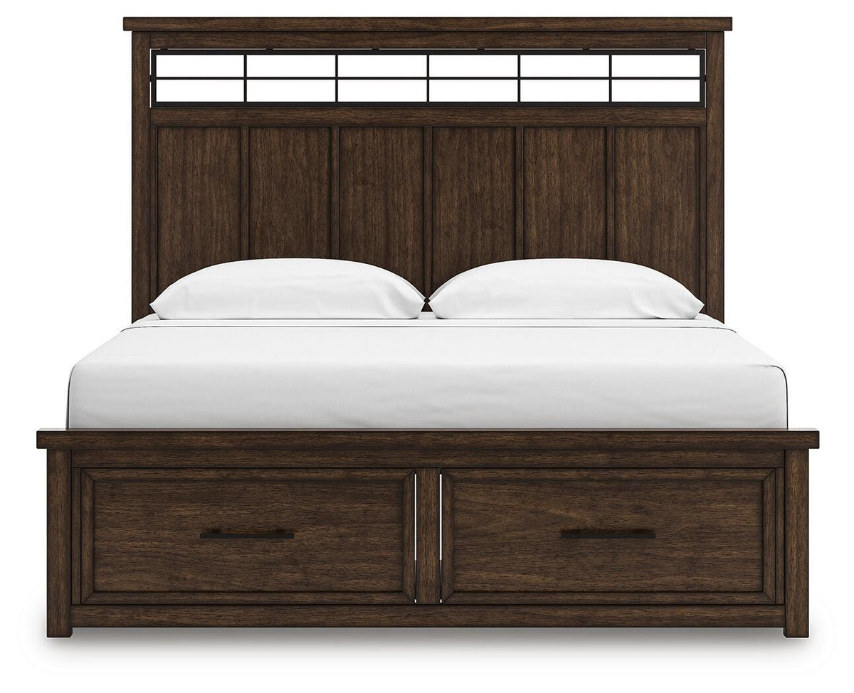 Taffenbrook King Panel Storage Bed in Medium Brown, front view