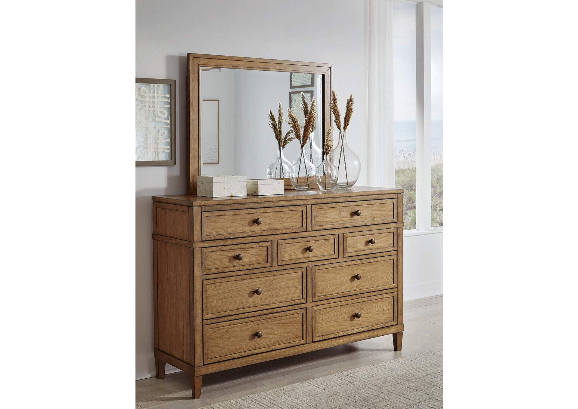 Sharlance California King Upholstered Panel Bed, Dresser and Mirror