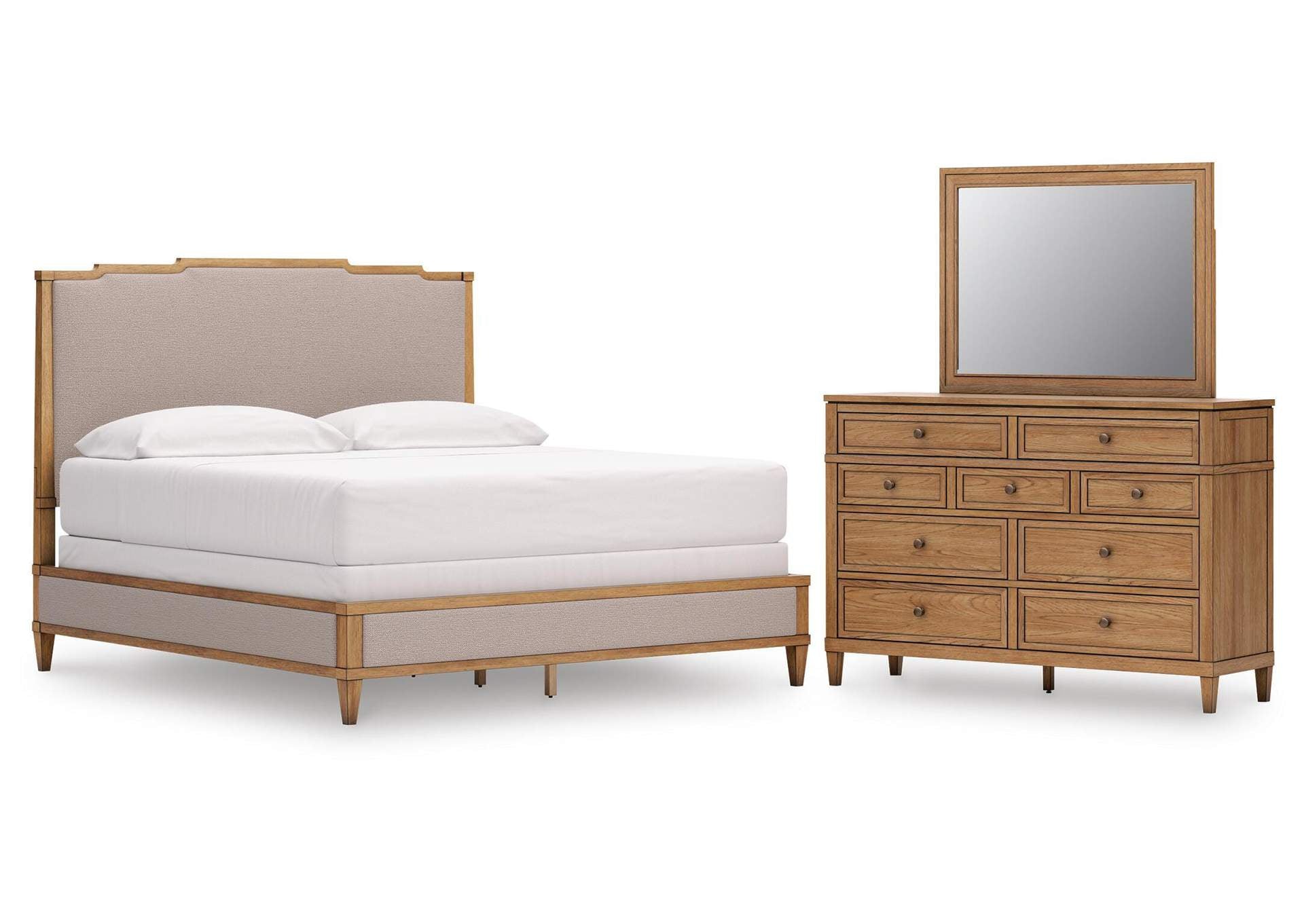 Sharlance King Upholstered Panel Bed, Dresser and Mirror