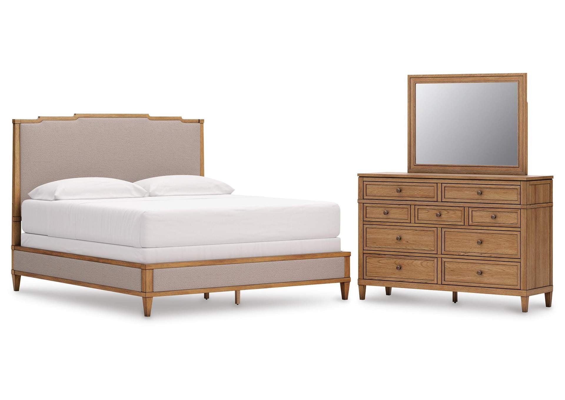 Sharlance California King Upholstered Panel Bed, Dresser and Mirror