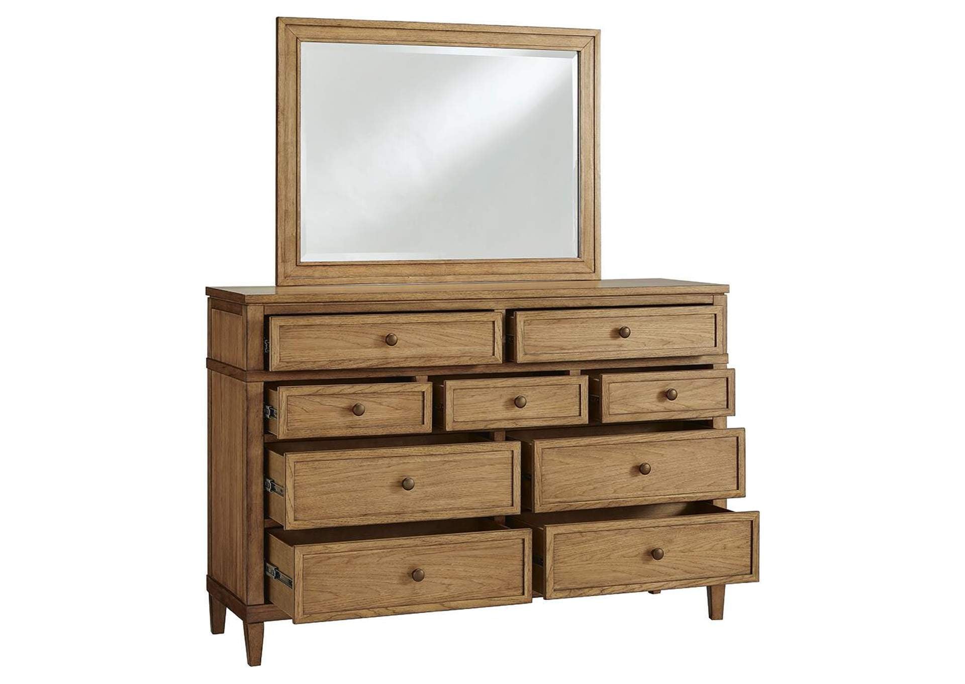 Sharlance California King Upholstered Panel Bed, Dresser and Mirror angled view