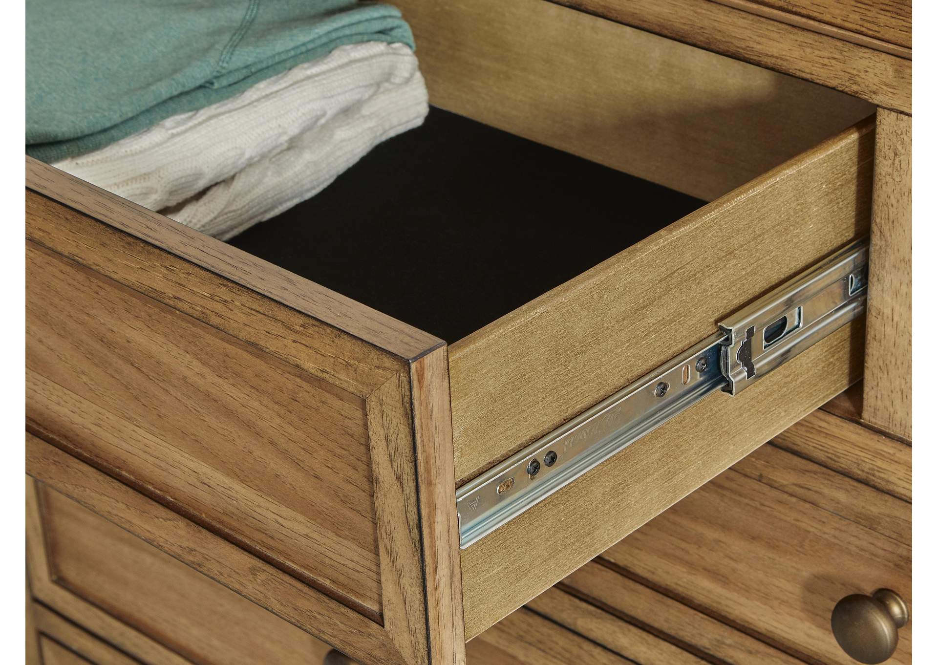 Sharlance King Upholstered Panel Bed, Dresser and Mirror detail