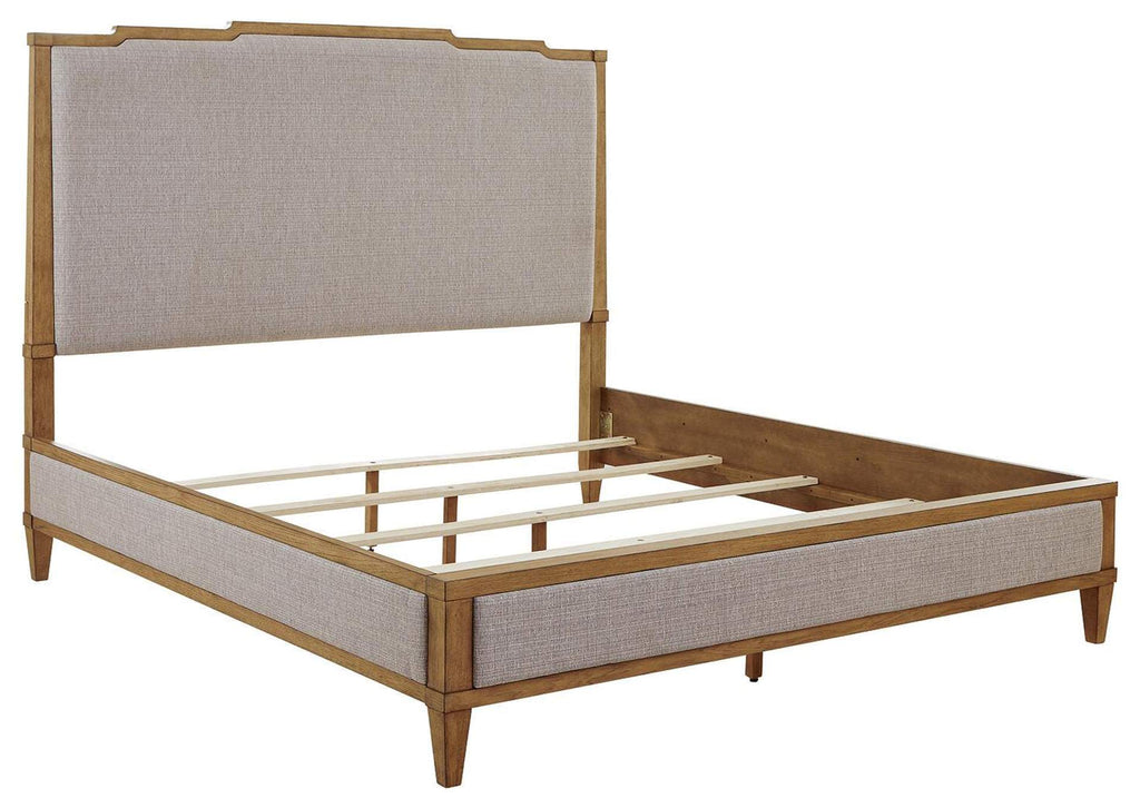 Sharlance King Upholstered Panel Bed, Dresser and Mirror angled view