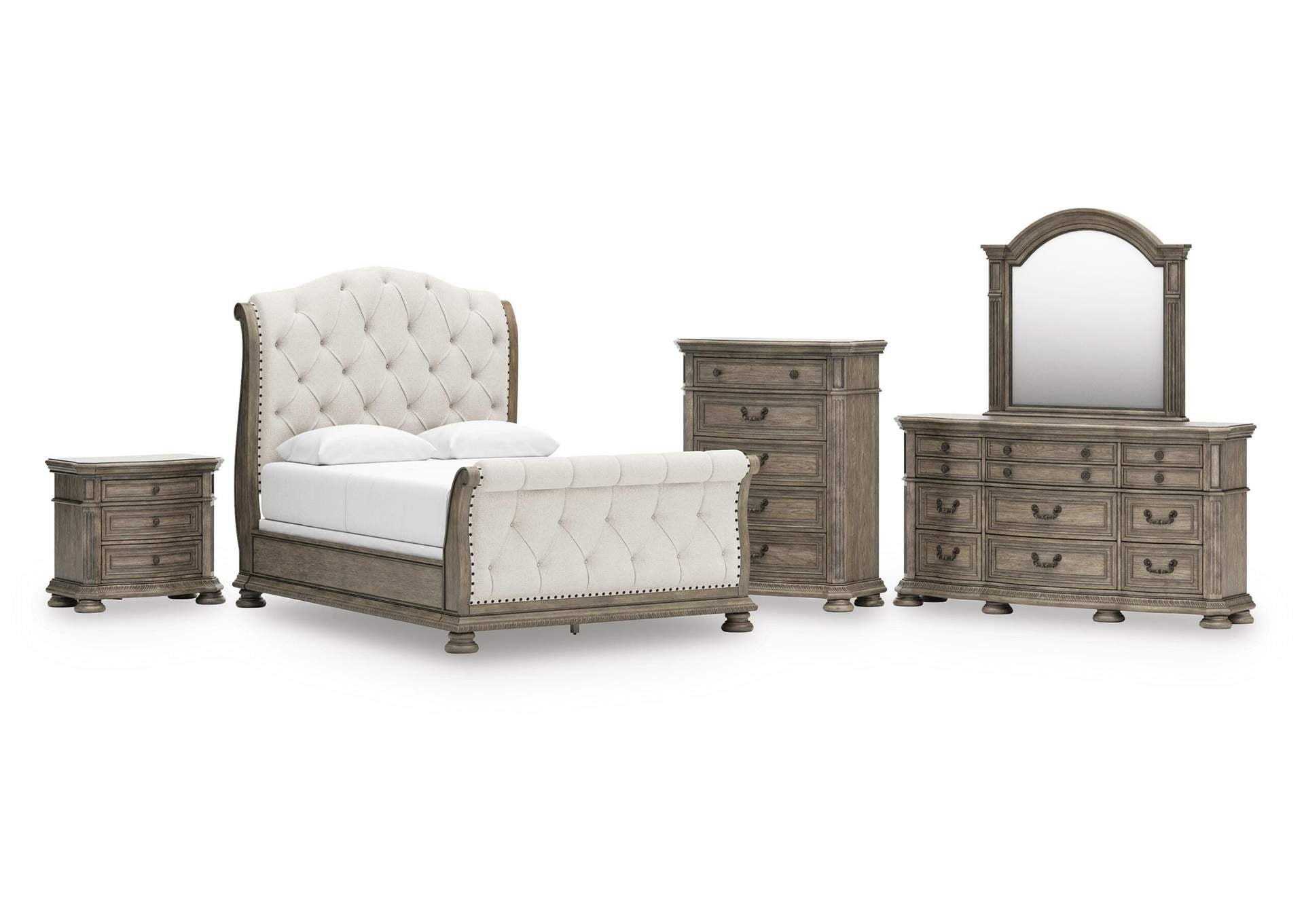 Ardenfield Queen Upholstered Sleigh Bed, Dresser, Mirror, Chest and Nightstand