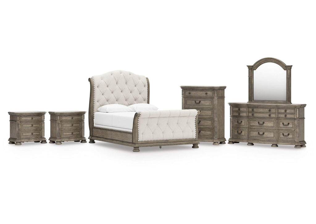 Ardenfield Queen Upholstered Sleigh Bed, Dresser, Mirror, Chest and 2 Nightstands