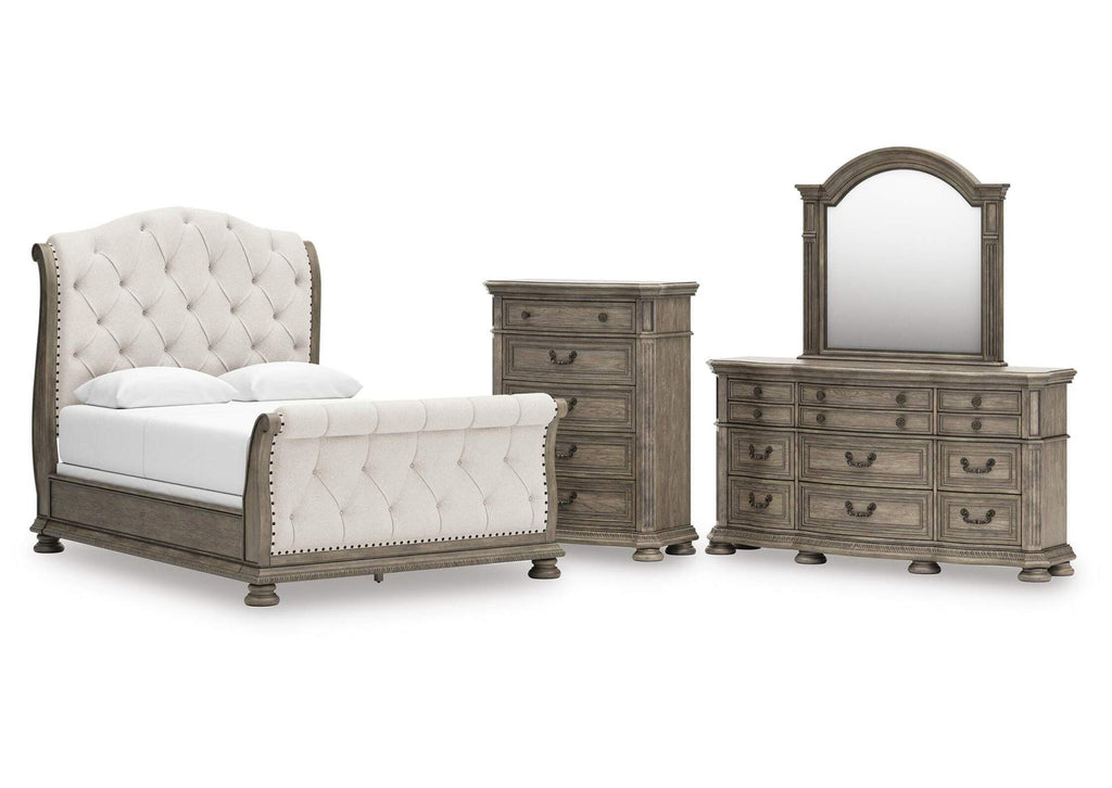 Ardenfield Queen Upholstered Sleigh Bed, Dresser, Mirror and Chest