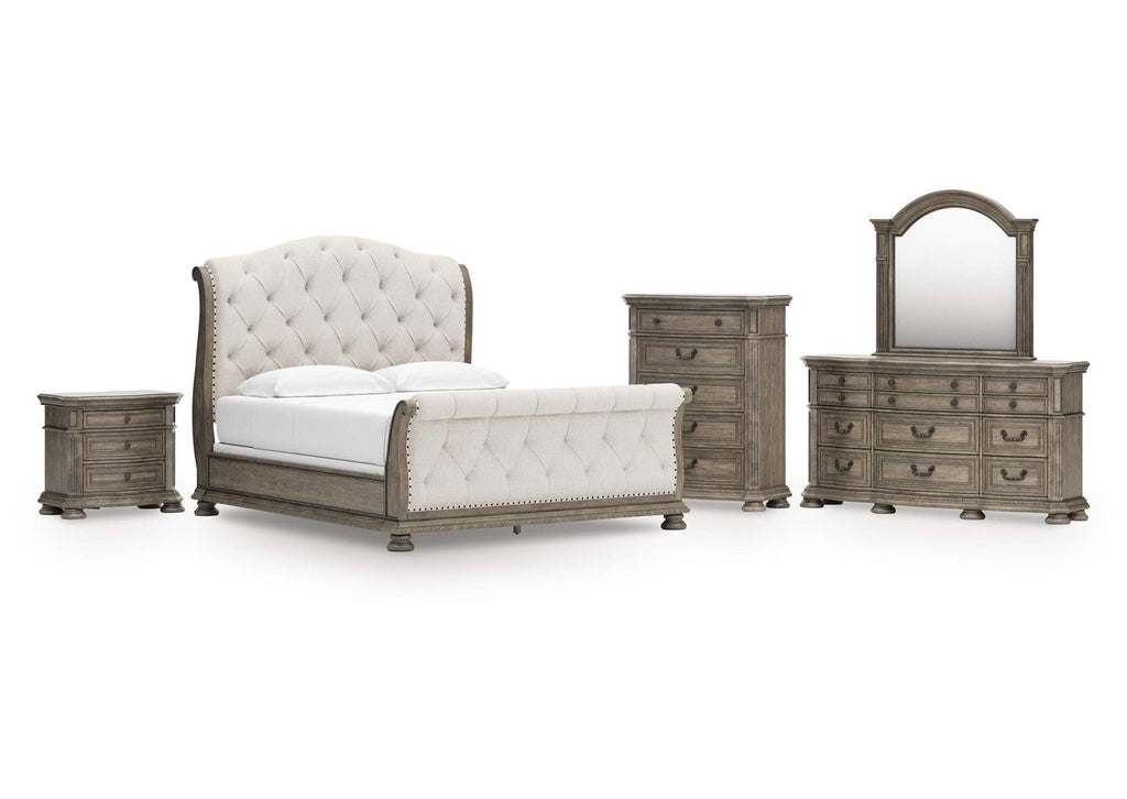 Ardenfield California King Upholstered Sleigh Bed, Dresser, Mirror, Chest and Nightstand