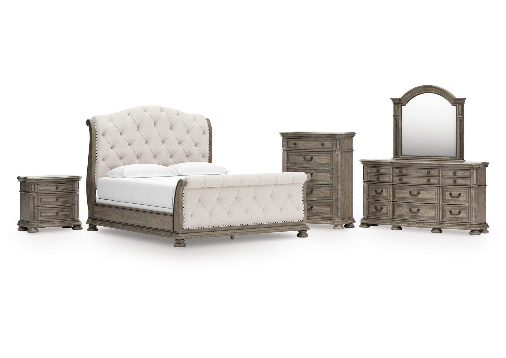 Ardenfield California King Upholstered Sleigh Bed, Dresser, Mirror, Chest and Nightstand