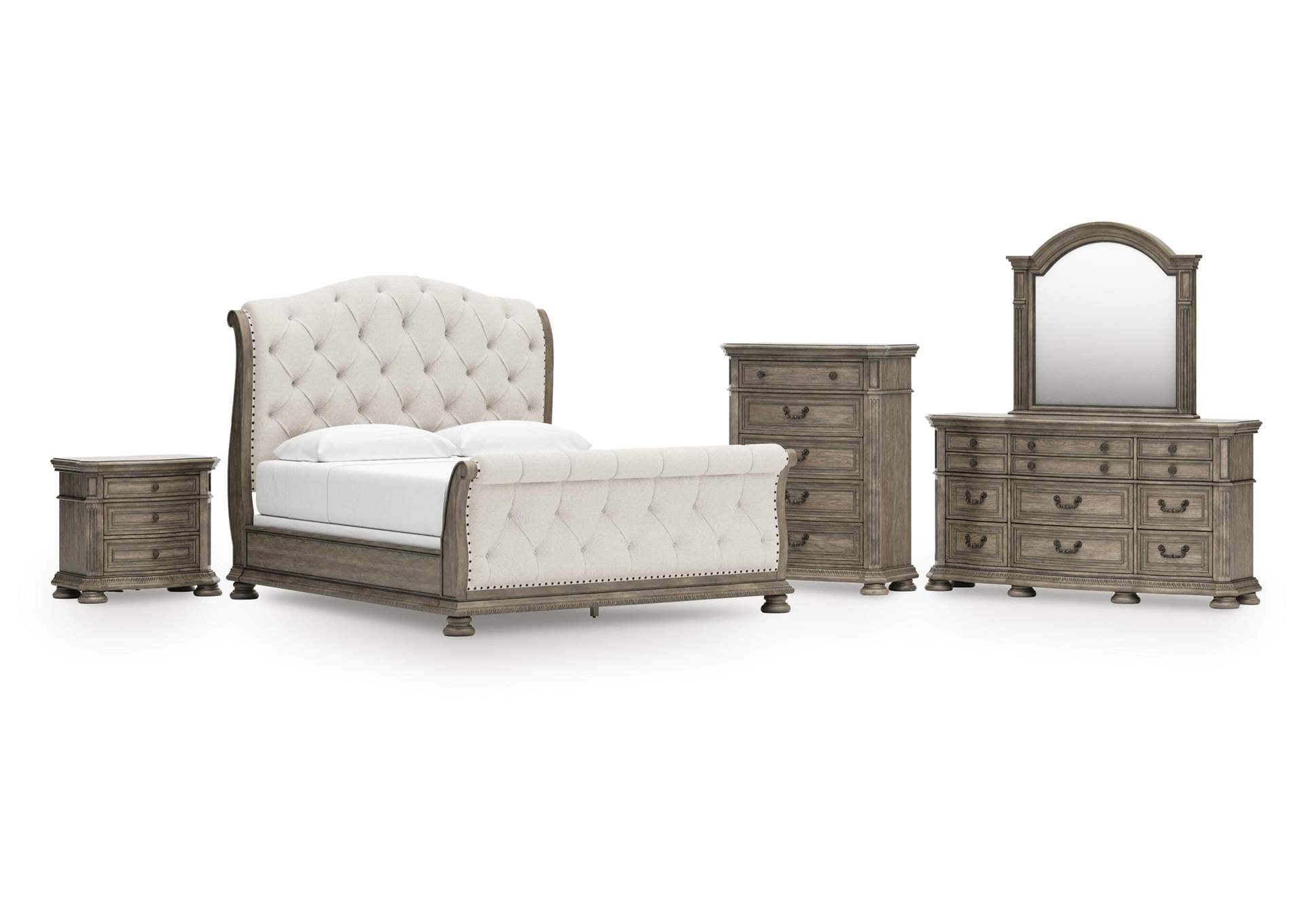 Ardenfield King Upholstered Sleigh Bed, Dresser, Mirror, Chest and Nightstand