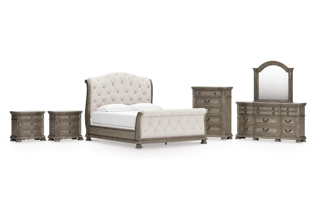 Ardenfield California King Upholstered Sleigh Bed, Dresser, Mirror, Chest and 2 Nightstands