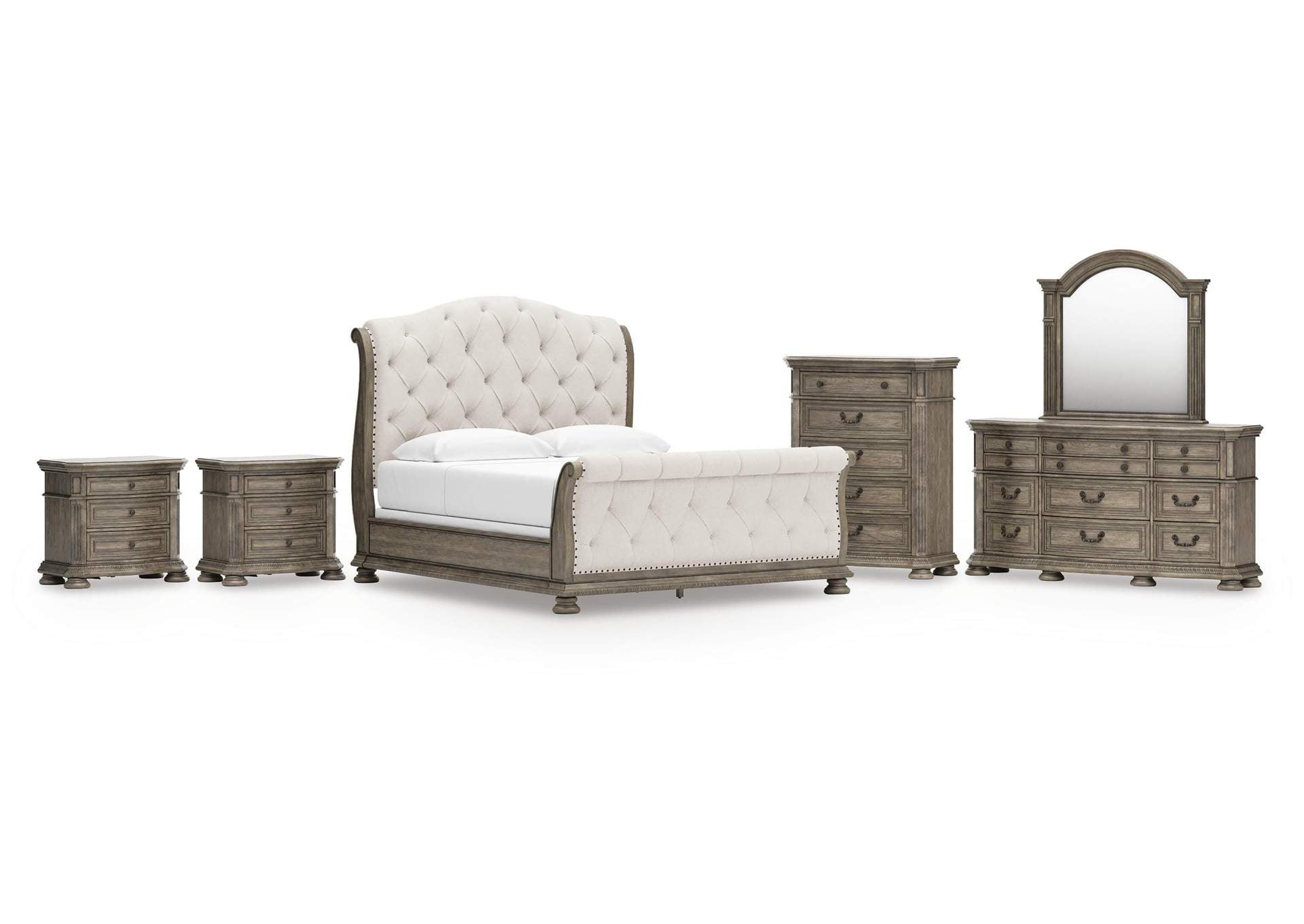 Ardenfield King Upholstered Sleigh Bed, Dresser, Mirror, Chest and 2 Nightstands