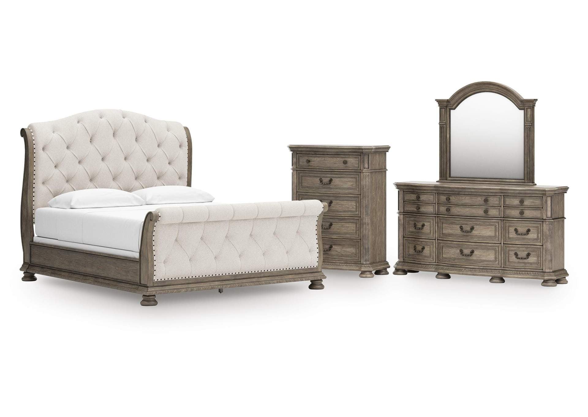 Ardenfield California King Upholstered Sleigh Bed, Dresser, Mirror and Chest