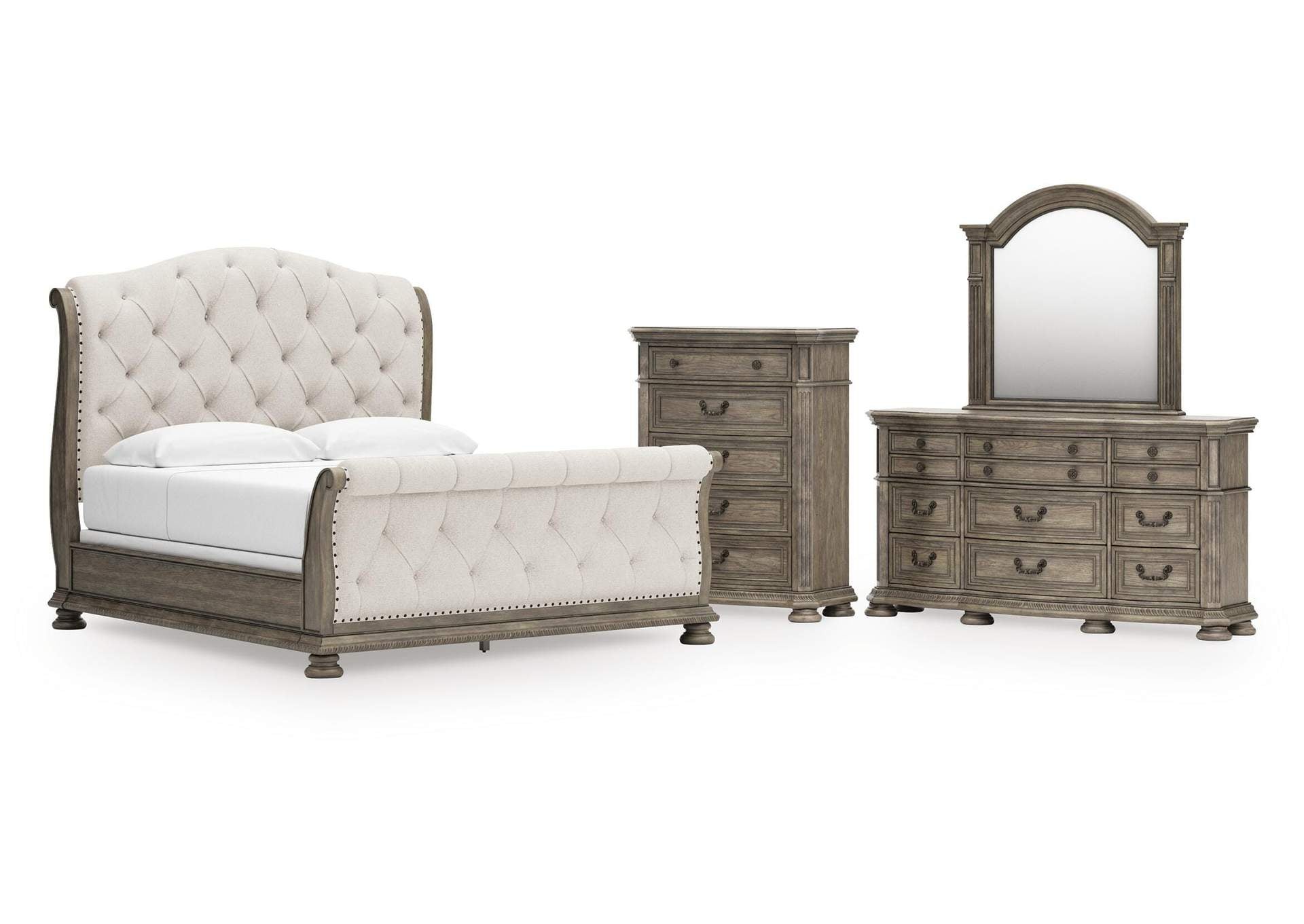 Ardenfield King Upholstered Sleigh Bed, Dresser, Mirror and Chest