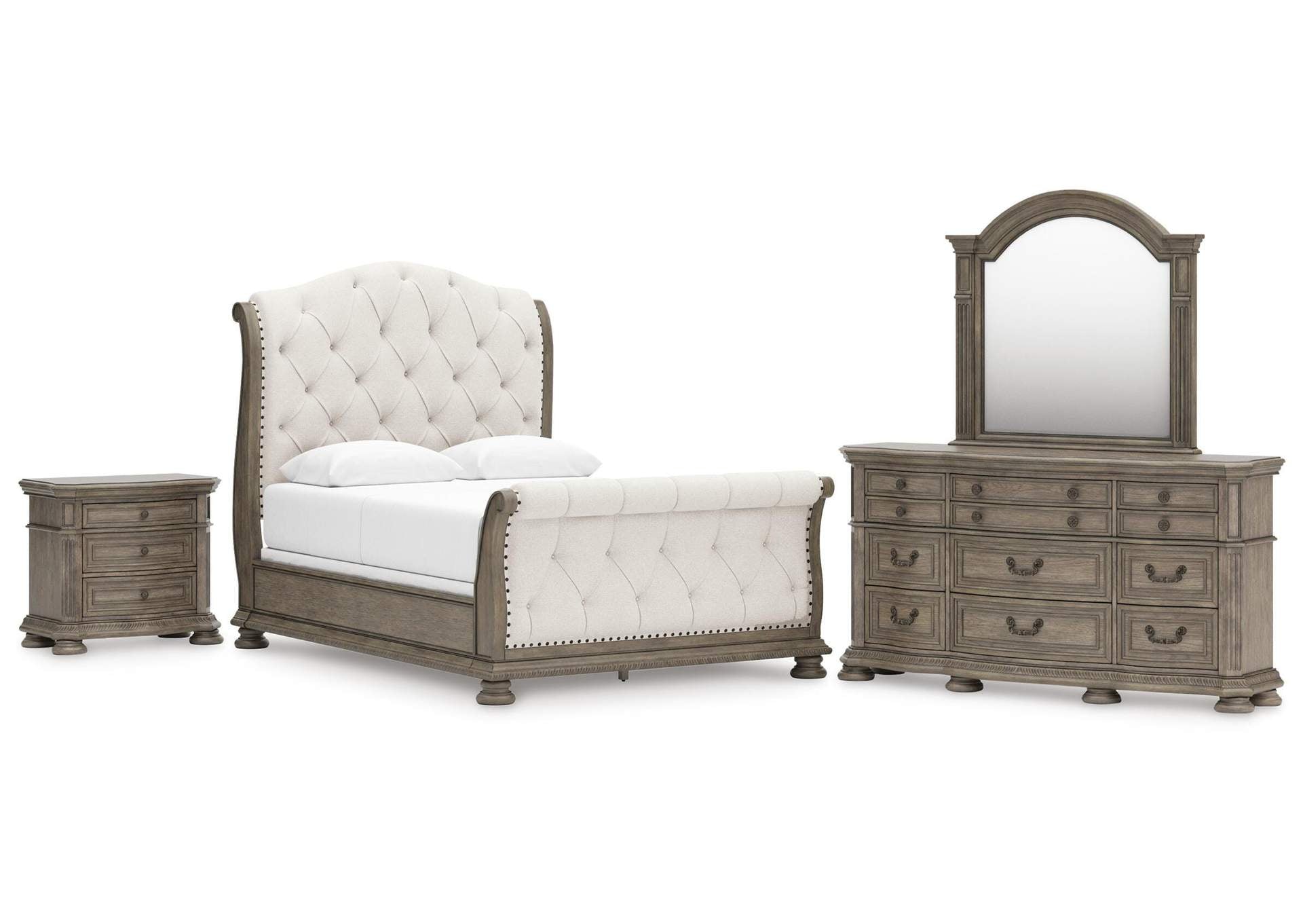 Ardenfield Queen Upholstered Sleigh Bed, Dresser, Mirror and Nightstand