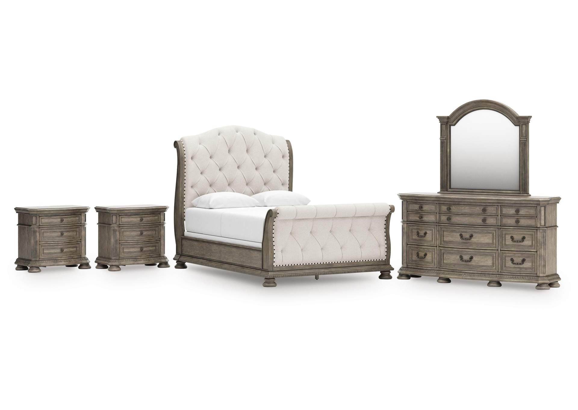Ardenfield Queen Upholstered Sleigh Bed, Dresser, Mirror and 2 Nightstands