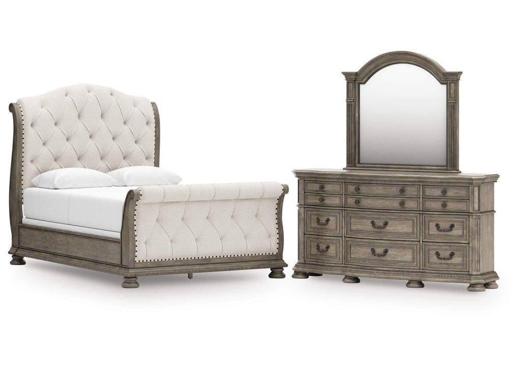 Ardenfield Queen Upholstered Sleigh Bed, Dresser and Mirror