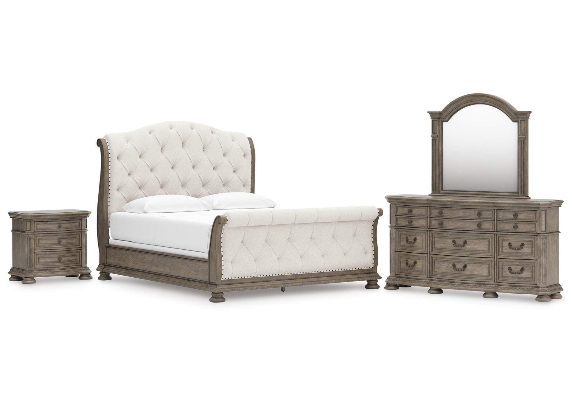 Ardenfield California King Upholstered Sleigh Bed, Dresser, Mirror and Nightstand