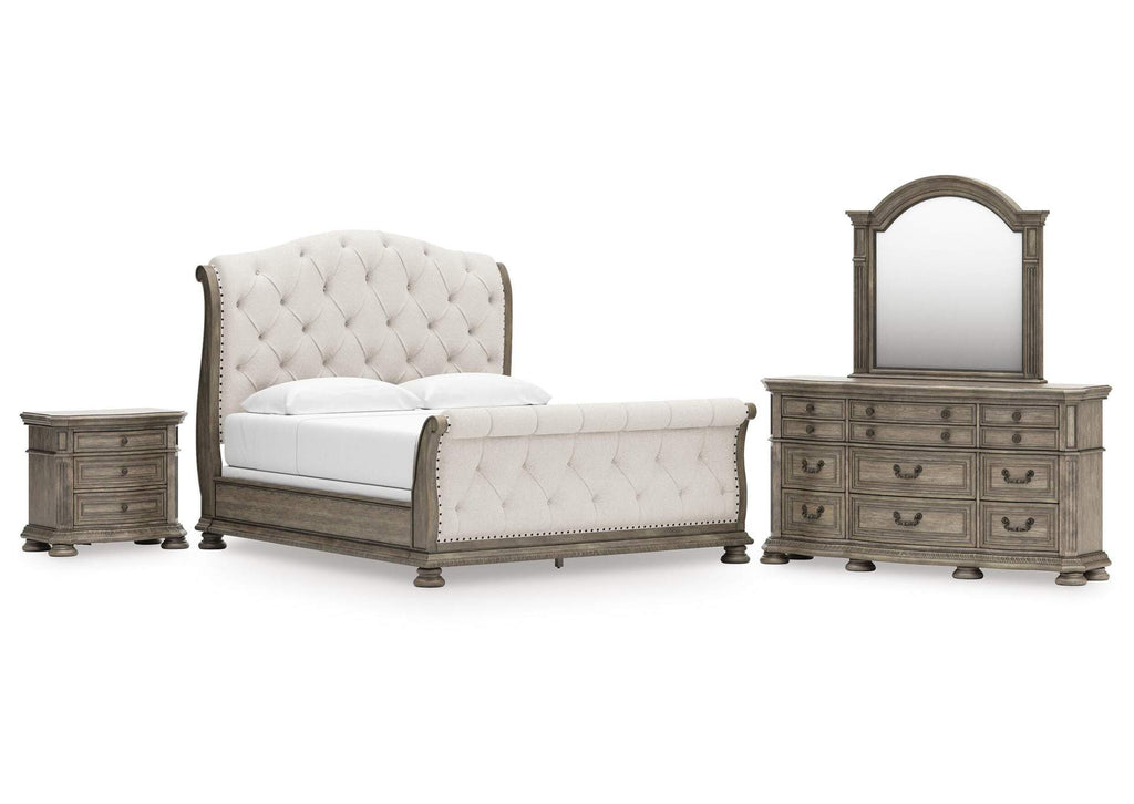 Ardenfield King Upholstered Sleigh Bed, Dresser, Mirror and Nightstand