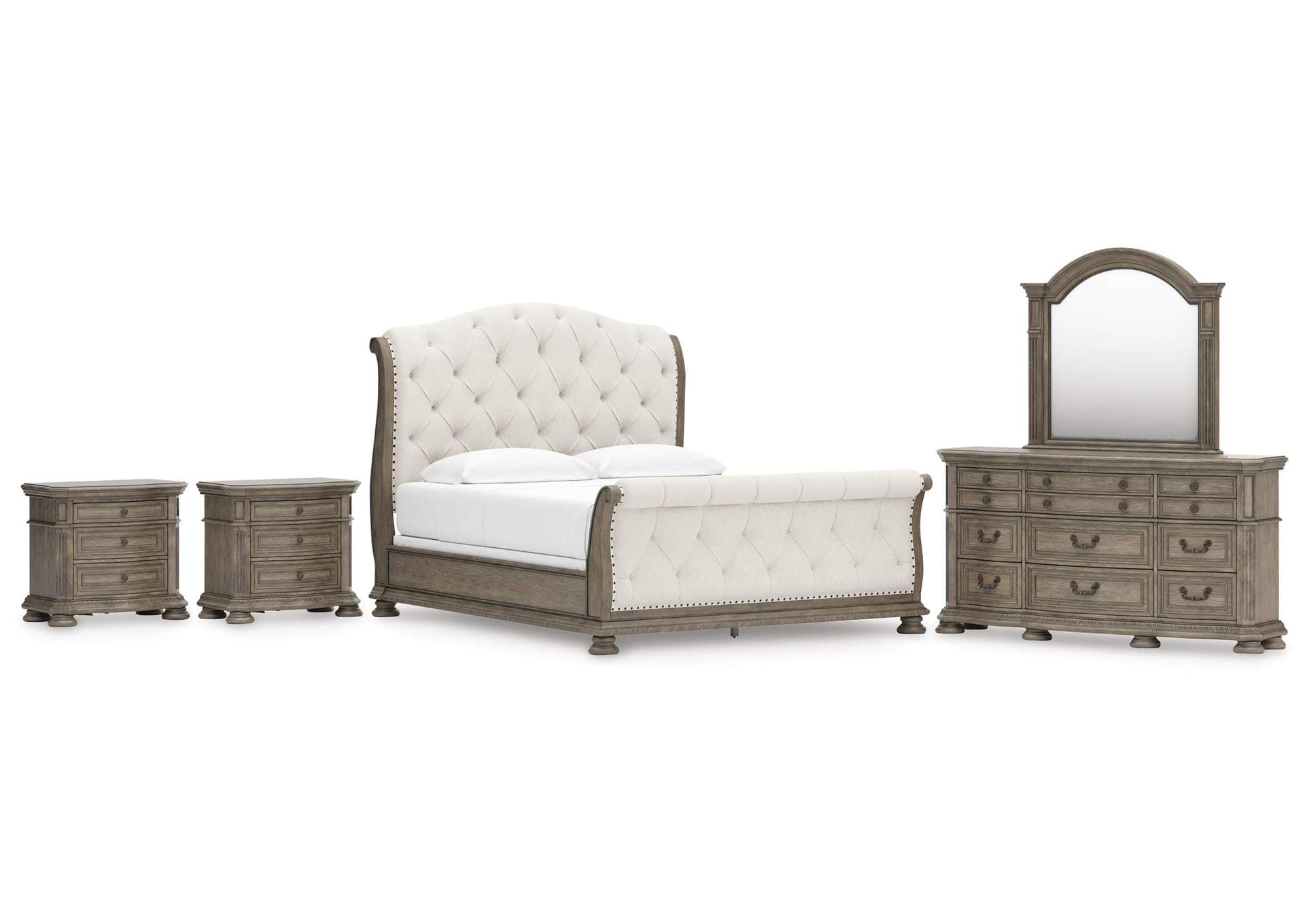 Ardenfield California King Upholstered Sleigh Bed, Dresser, Mirror and 2 Nightstands