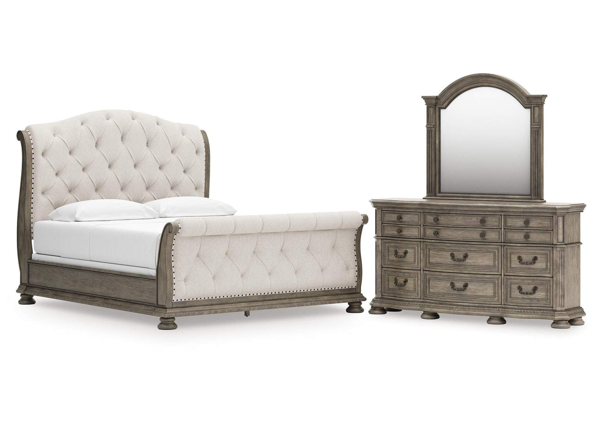 Ardenfield California King Upholstered Sleigh Bed, Dresser and Mirror