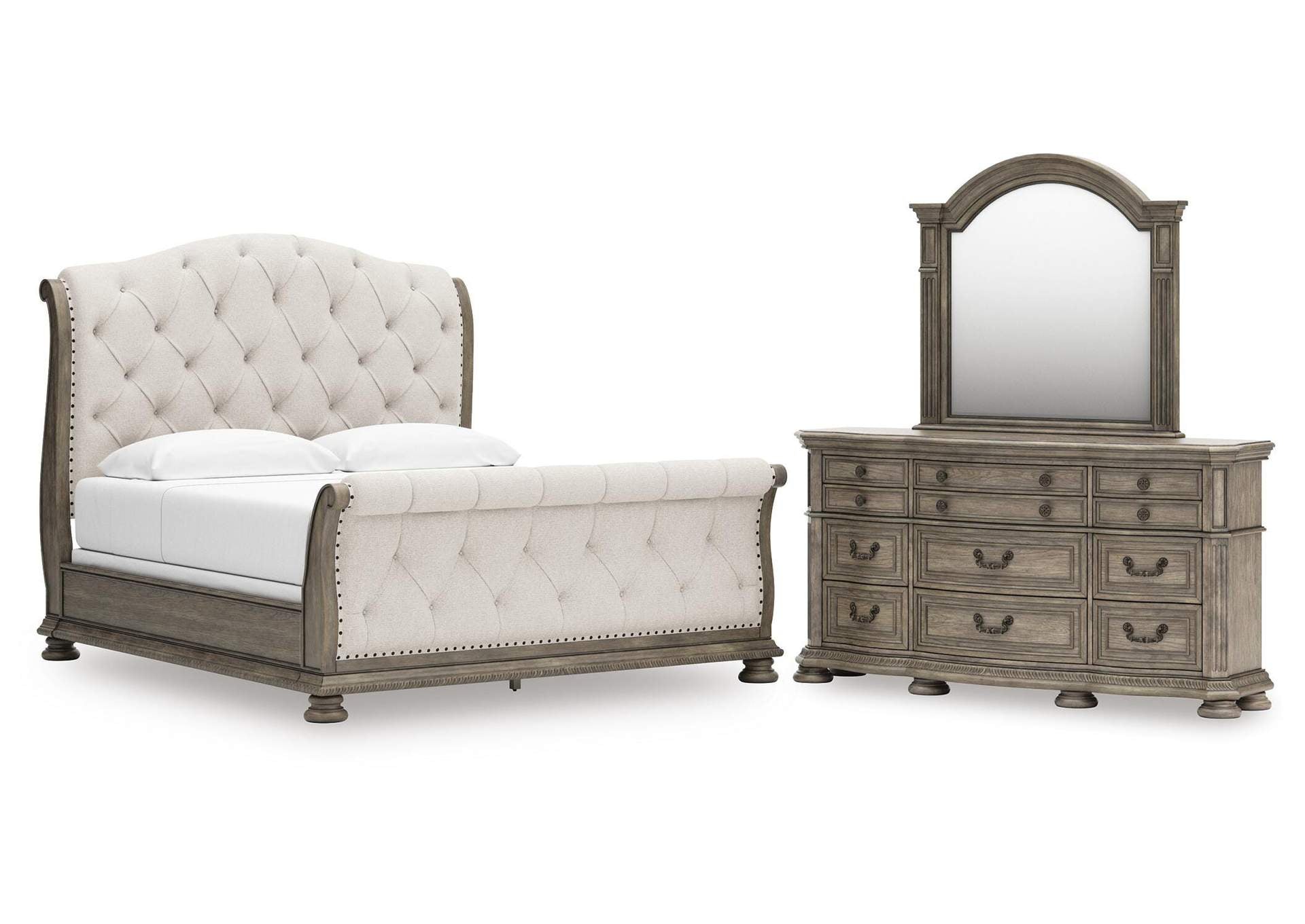 Ardenfield King Upholstered Sleigh Bed, Dresser and Mirror