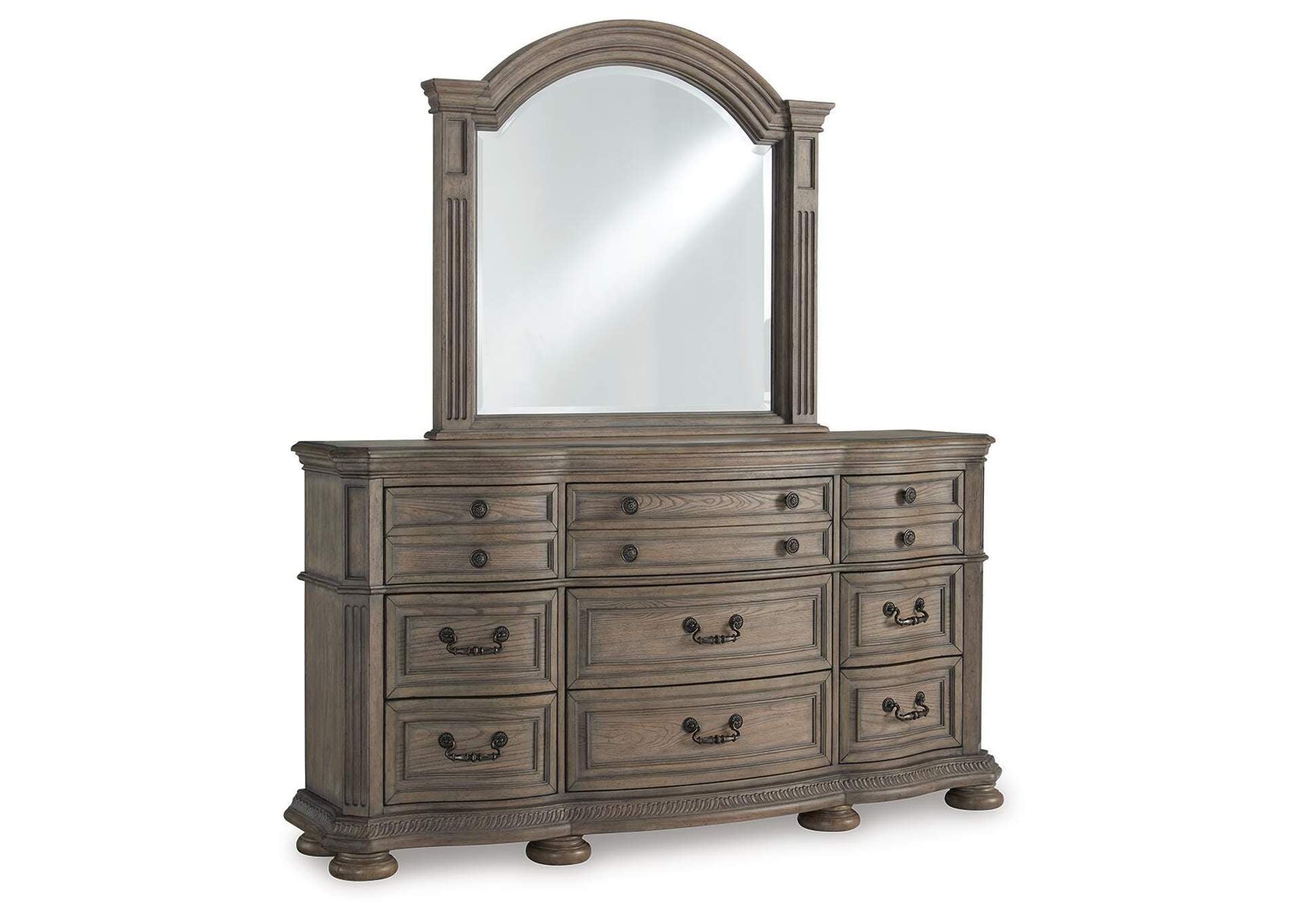 Ardenfield California King Upholstered Sleigh Bed, Dresser, Mirror, Chest and 2 Nightstands angled view