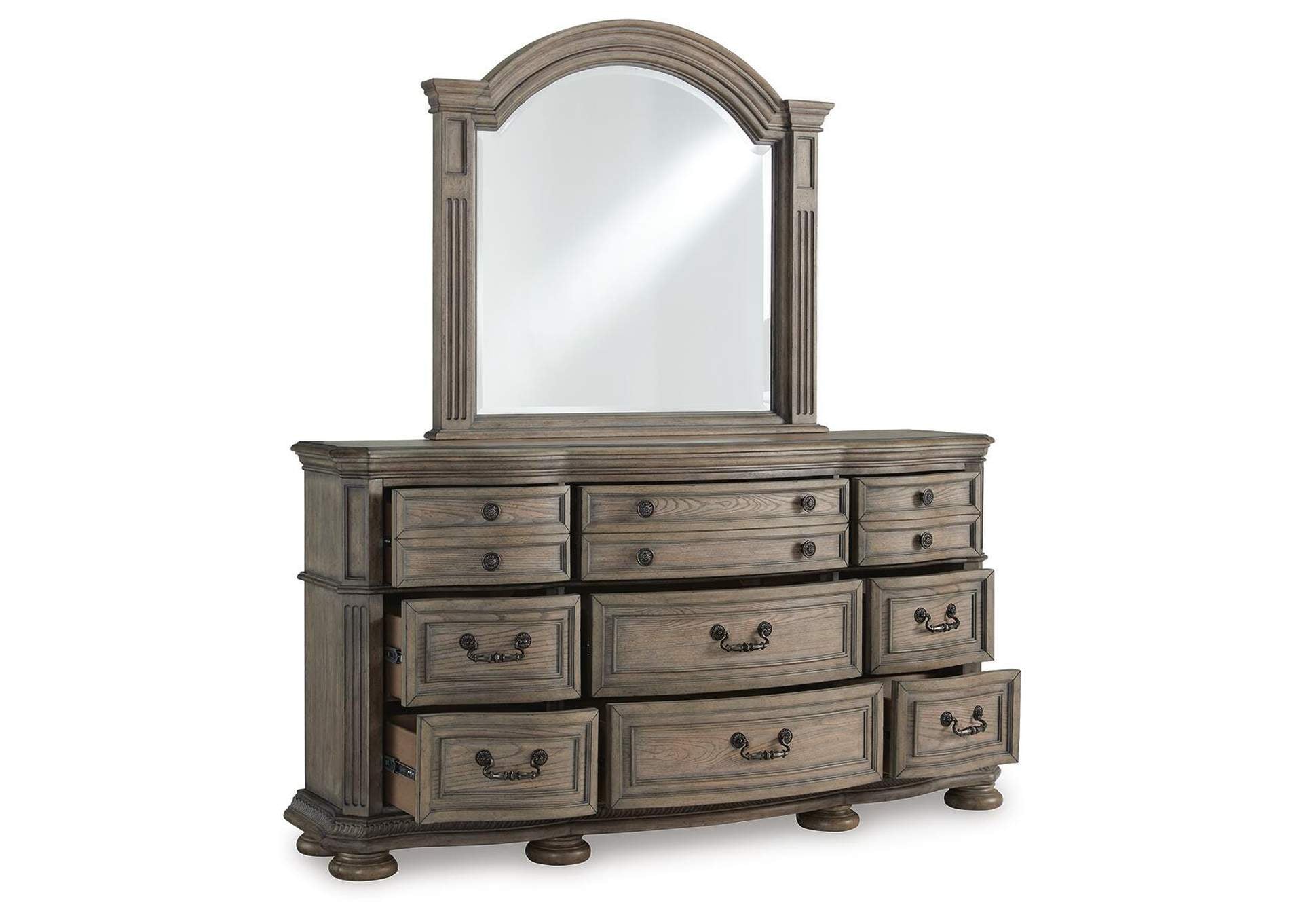 Ardenfield Queen Upholstered Sleigh Bed, Dresser, Mirror and Chest angled view