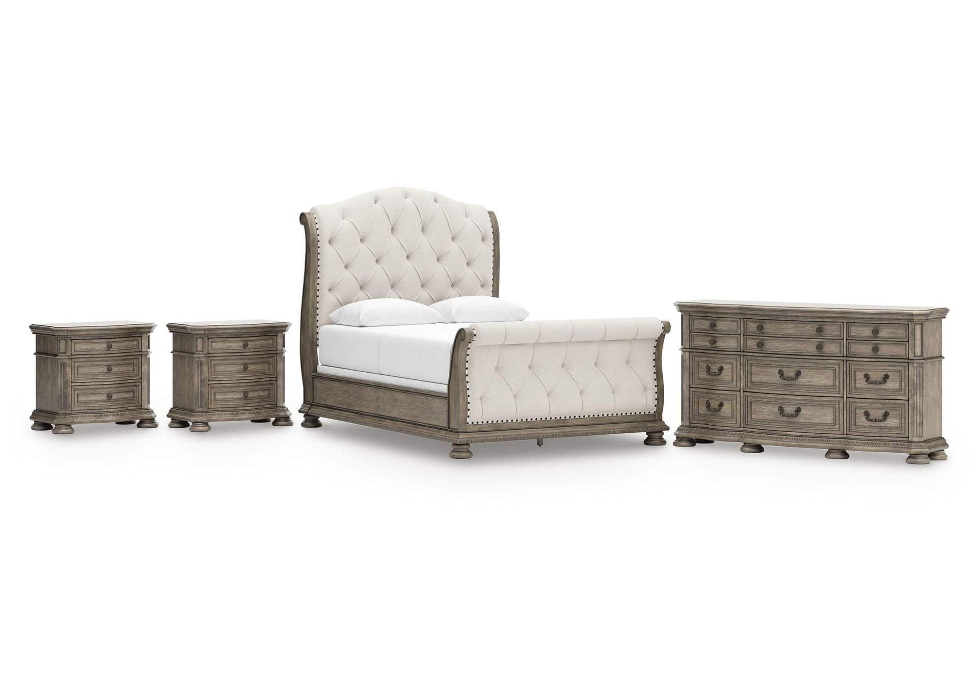 Ardenfield Queen Upholstered Sleigh Bed, Dresser and 2 Nightstands