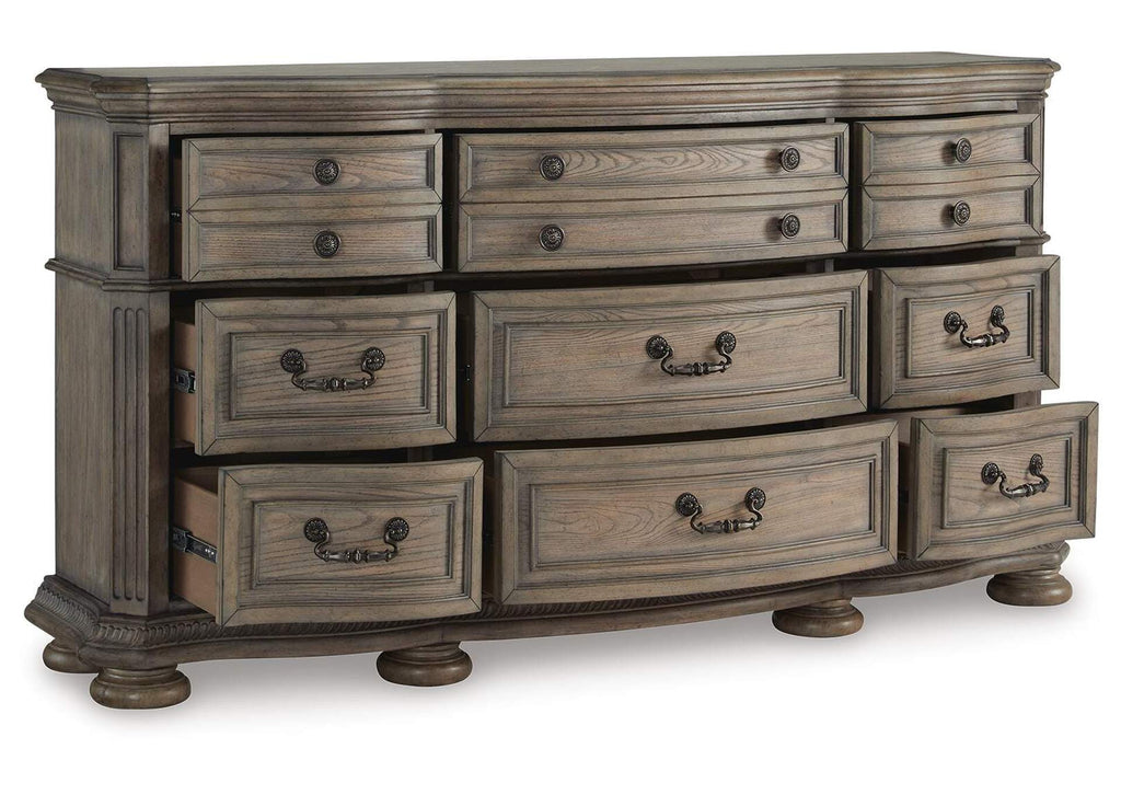 Ardenfield Queen Upholstered Sleigh Bed, Dresser and 2 Nightstands angled view
