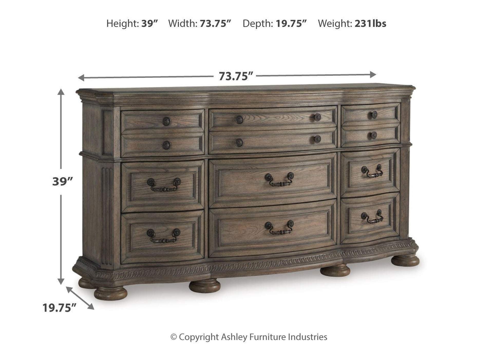 Ardenfield Queen Upholstered Sleigh Bed, Dresser and 2 Nightstands dimensions