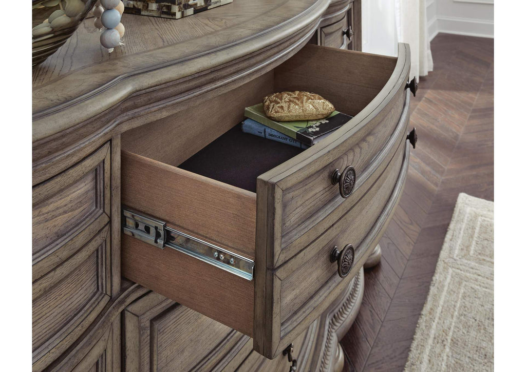 Ardenfield King Upholstered Sleigh Bed, Dresser and Mirror detail