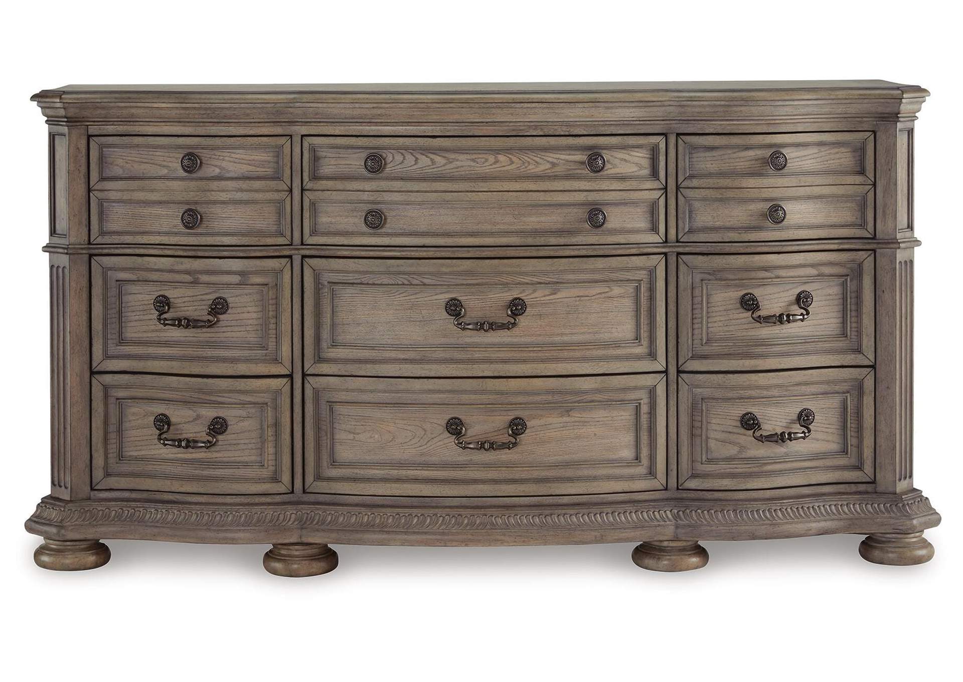 Ardenfield Queen Upholstered Sleigh Bed, Dresser and Mirror front view