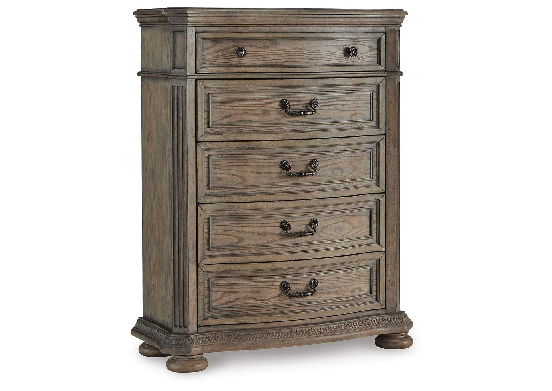 Ardenfield Queen Upholstered Sleigh Bed, Dresser, Mirror and Chest angled view
