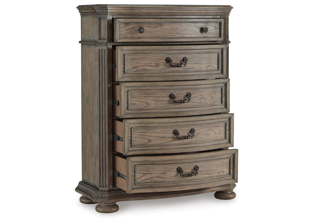 Ardenfield King Upholstered Sleigh Bed, Dresser, Mirror and Chest angled view