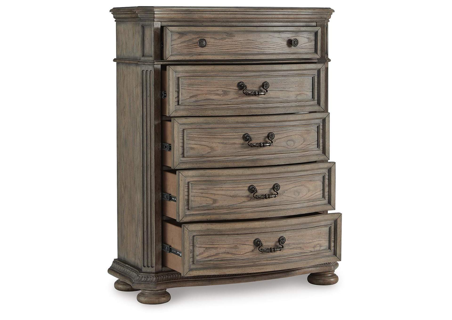 Ardenfield Queen Upholstered Sleigh Bed, Dresser, Mirror and Chest angled view