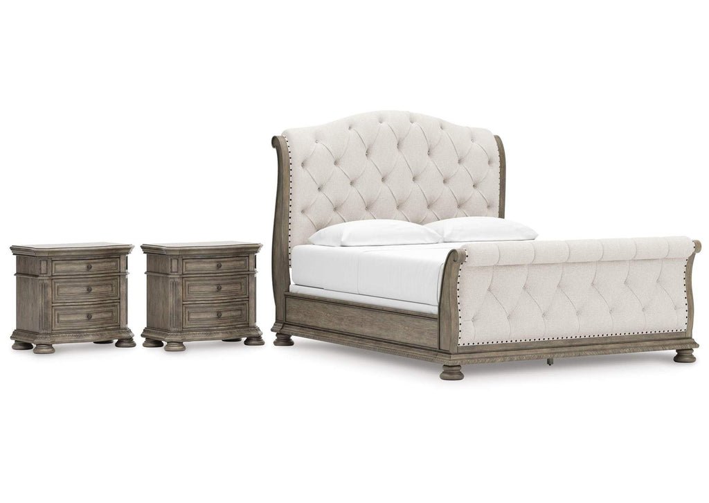 Ardenfield California King Upholstered Sleigh Bed and 2 Nightstands