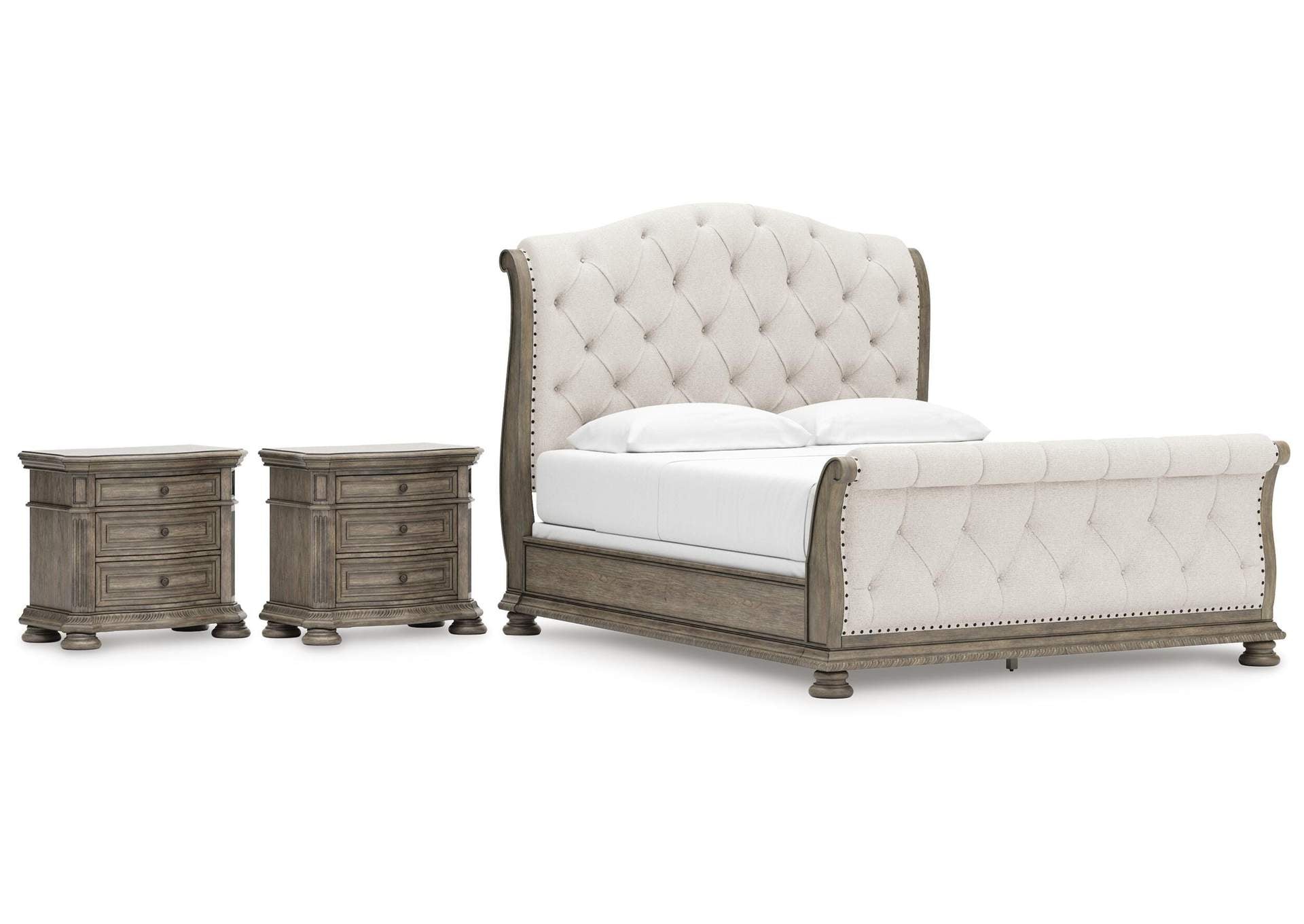 Ardenfield California King Upholstered Sleigh Bed and 2 Nightstands