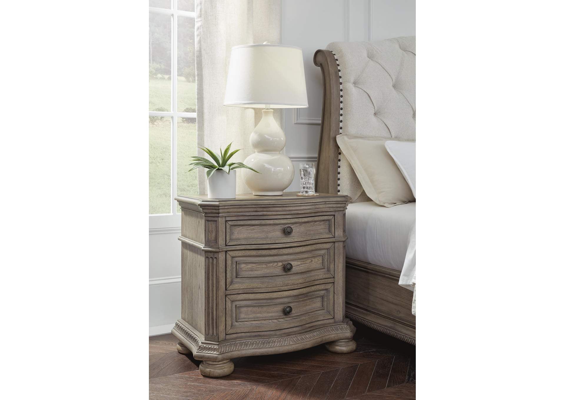 Ardenfield Queen Upholstered Sleigh Bed, Dresser, Mirror and Nightstand