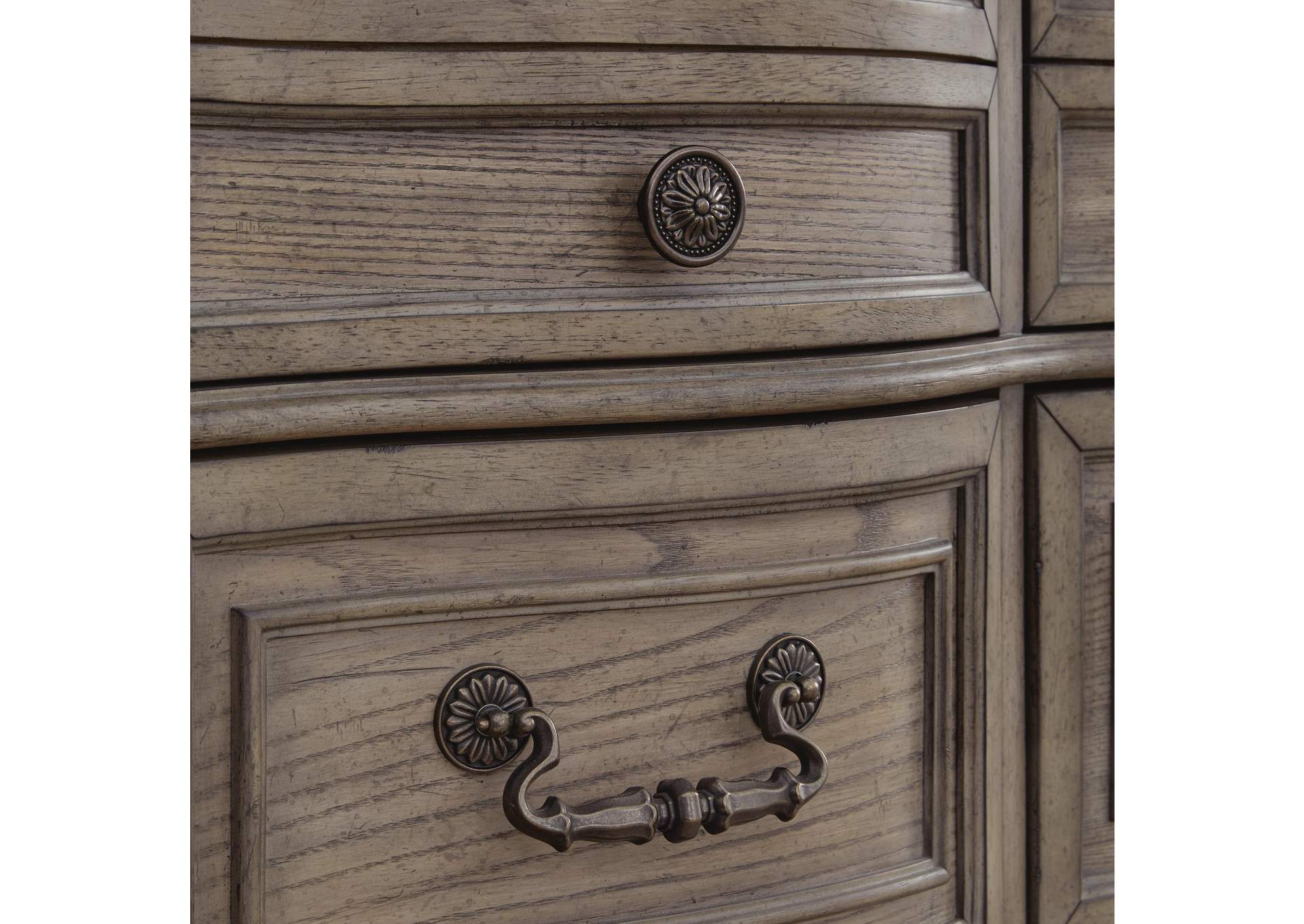 Ardenfield Queen Upholstered Sleigh Bed, Dresser and Mirror detail
