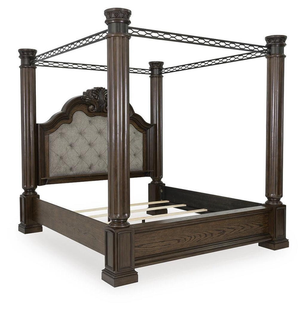 Maylee King Canopy Bed in Dark Brown, angle view