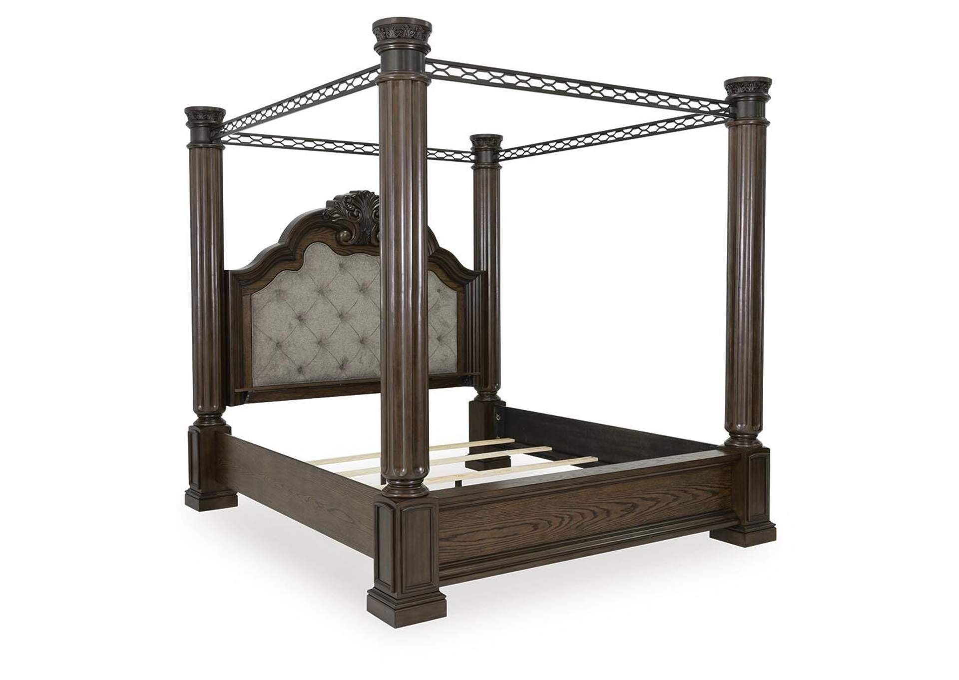 Maylee King Canopy Bed with Mirrored Dresser and Nightstand angled view